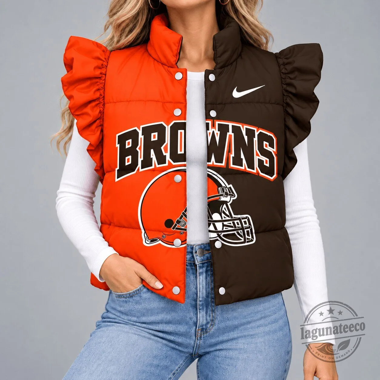 Cleveland Browns Split Color Ruffle Sleeve Quilted Puffer Vest for Women 1 Cleveland Browns Split Color Ruffle Sleeve Quilted Puffer Vest for Women