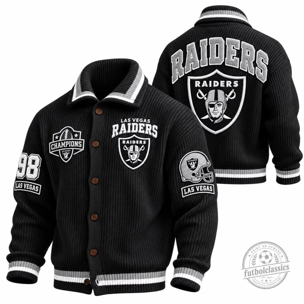 Las Vegas Raiders Champions Black Knit Button-Up Cardigan Jacket Las Vegas Raiders Champions Black Knit Button-Up Cardigan Jacket
