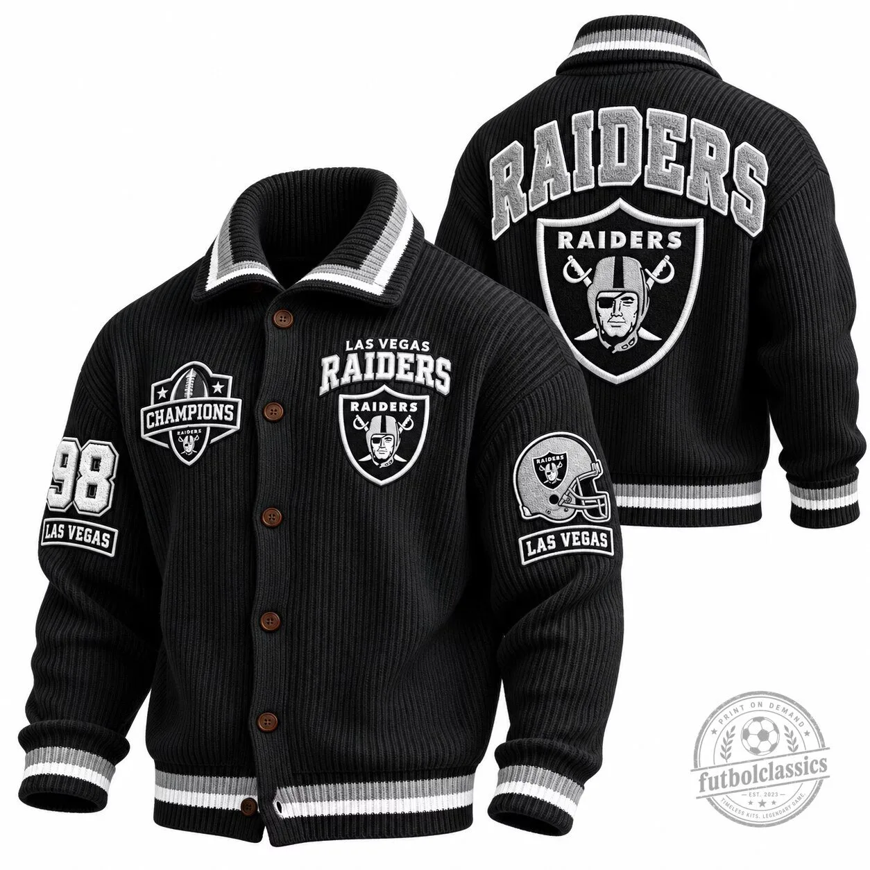Las Vegas Raiders Champions Black Knit Button-Up Cardigan Jacket 1 Las Vegas Raiders Champions Black Knit Button-Up Cardigan Jacket