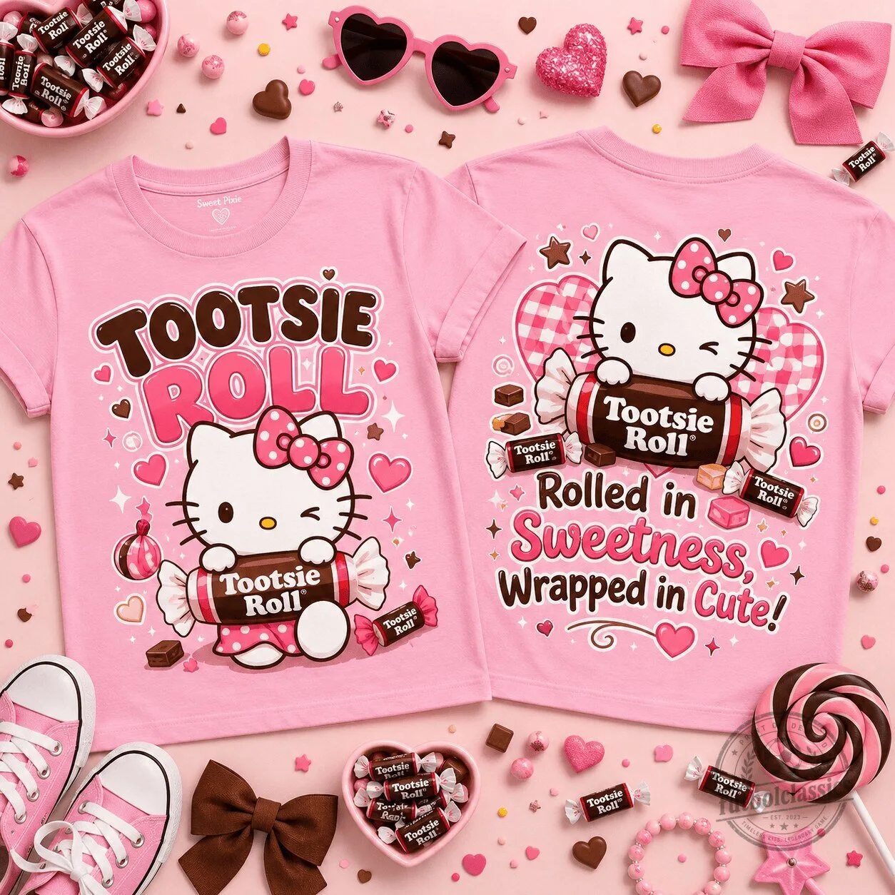 Hello Kitty Tootsie Roll Candy Sweetness Wrapped in Cute Pink T-Shirt 1 Hello Kitty Tootsie Roll Candy Sweetness Wrapped in Cute Pink T-Shirt