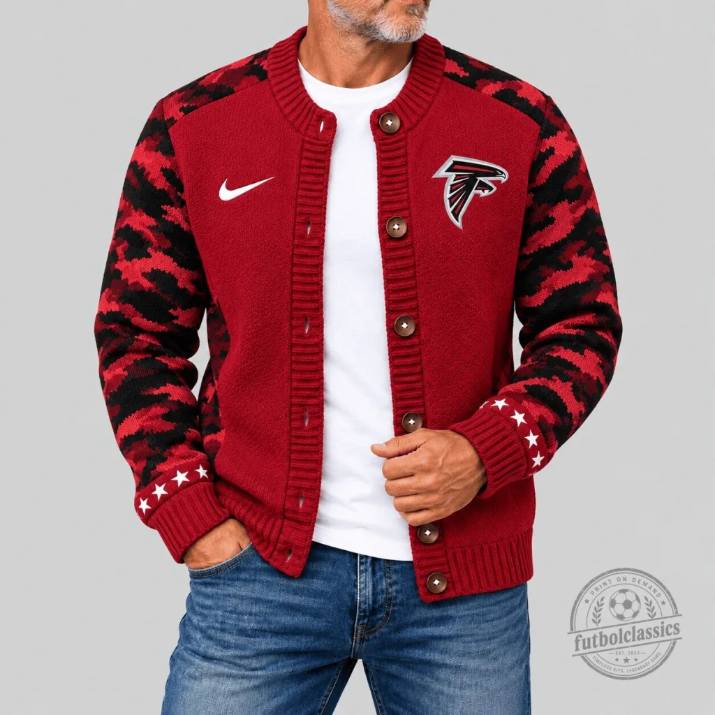Atlanta Falcons NFL Football Team Red Camouflage Sleeve Knit Cardigan Jacket Atlanta Falcons NFL Football Team Red Camouflage Sleeve Knit Cardigan Jacket