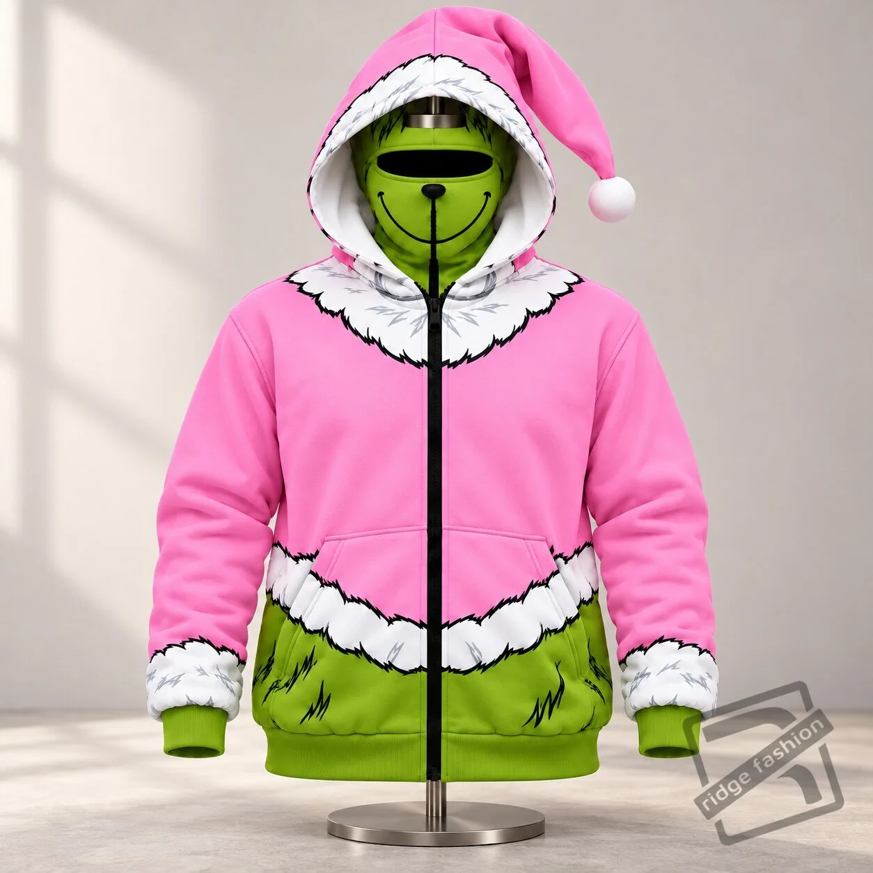 Pink Grinch Full Zip Balaclava Mask Hoodie