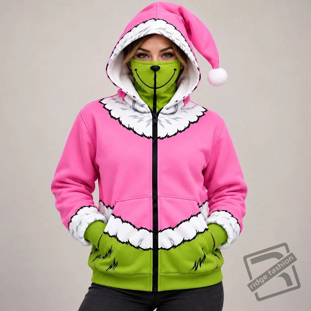 Pink Grinch Full Zip Balaclava Mask Hoodie 5 Pink Grinch Full Zip Balaclava Mask Hoodie product view