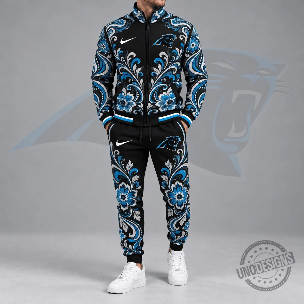 Carolina Panthers Floral Paisley Full Zip Jacket and Jogger Pants Tracksuit Set