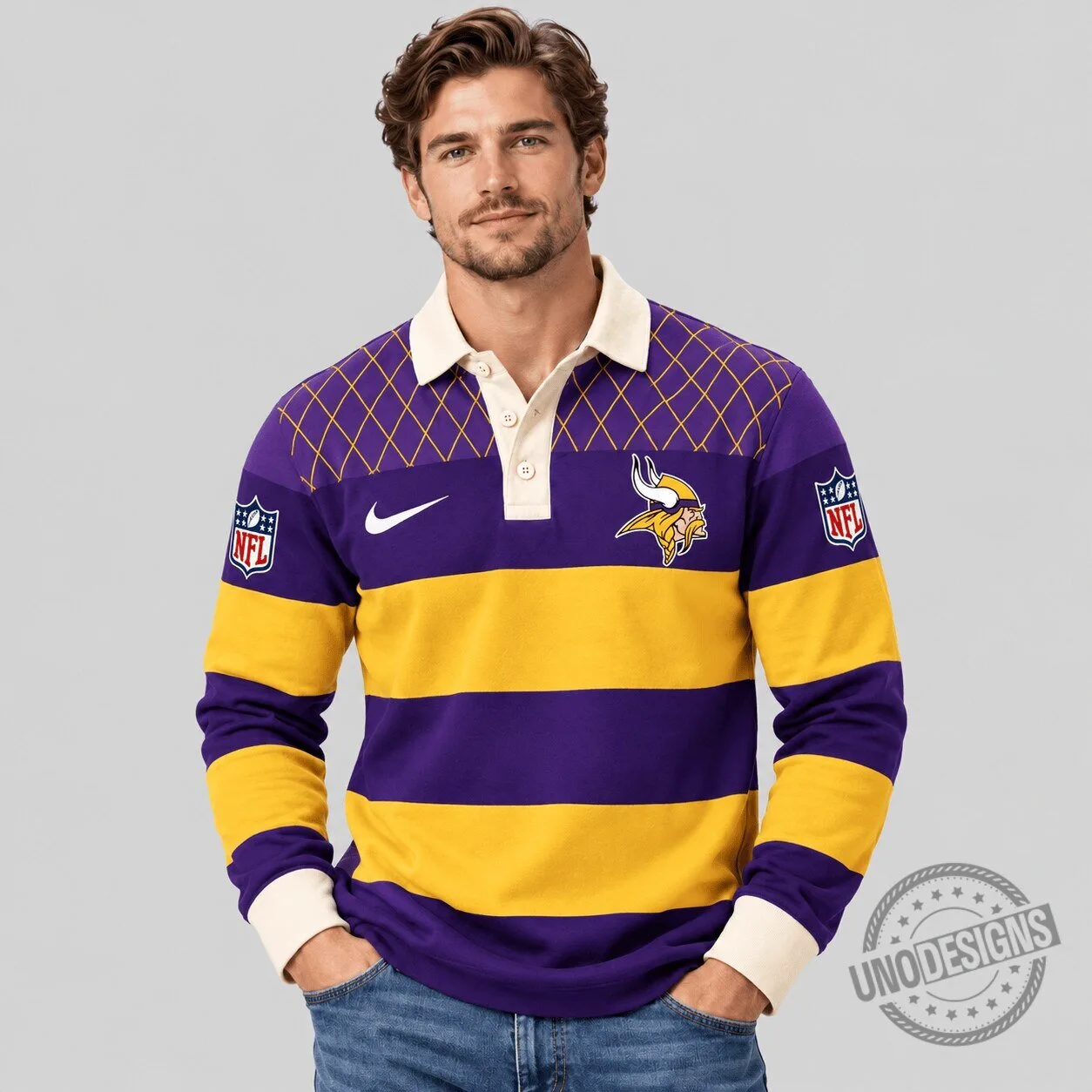 Minnesota Vikings NFL Striped Rugby Long Sleeve Polo Shirt