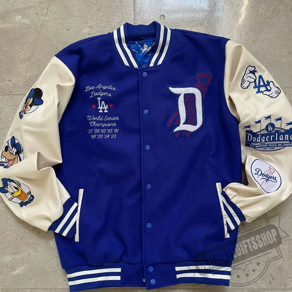 Los Angeles Dodgers Disney Character Blue CreamJacket 4 Los Angeles Dodgers Disney Character Blue CreamJacket