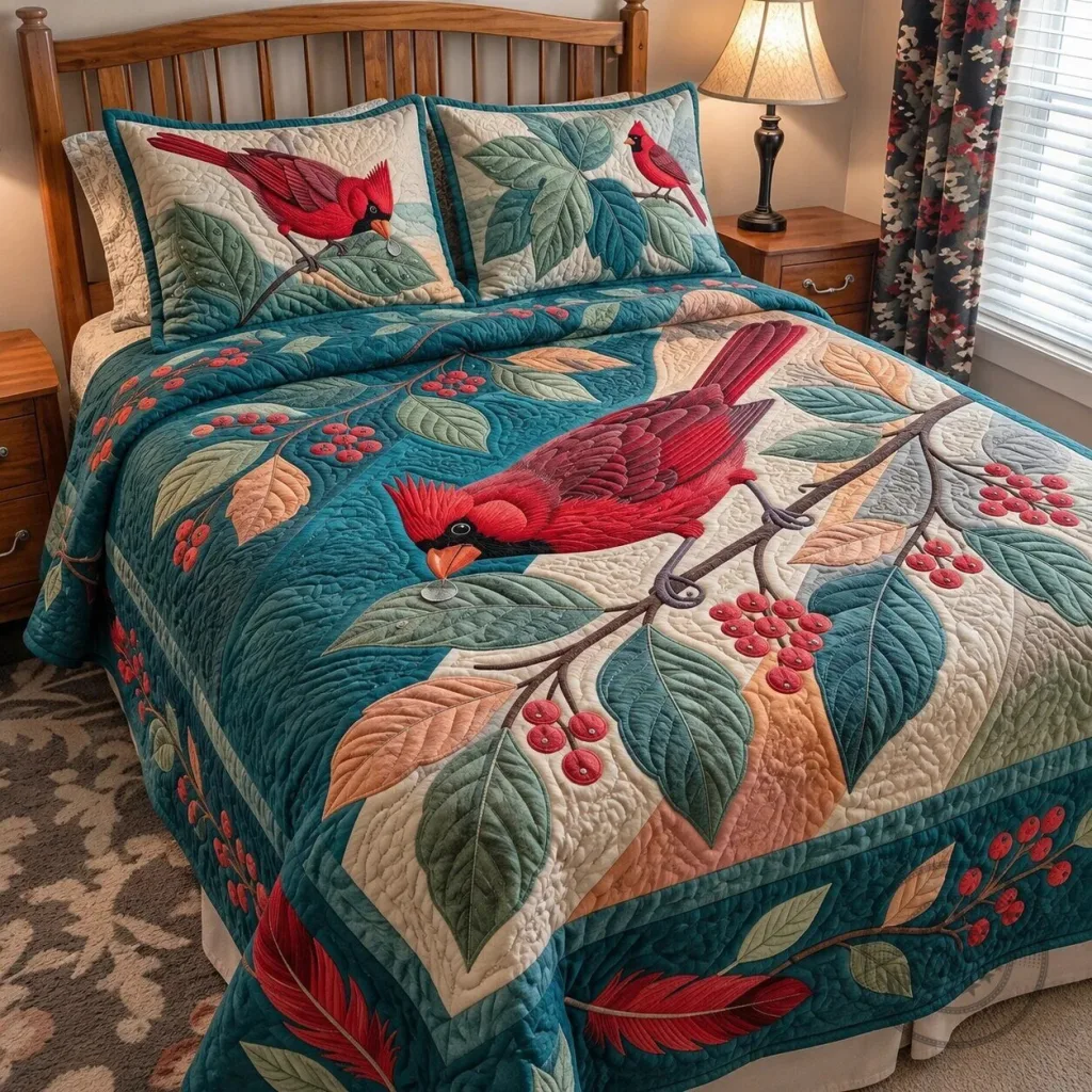 Cardinal Bird and Berries Quilted Bedding Set with Pillow Shams Cardinal Bird and Berries Quilted Bedding Set with Pillow Shams