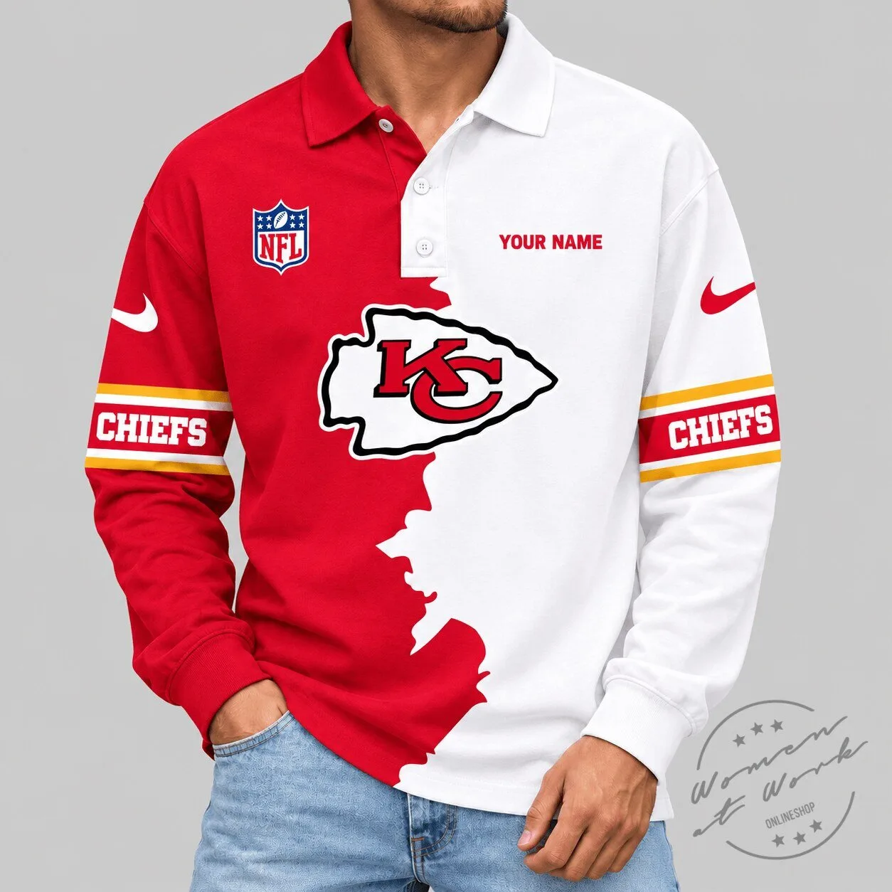 Kansas City Chiefs Personalized Split Panel Long Sleeve Polo Shirt 1 Kansas City Chiefs Personalized Split Panel Long Sleeve Polo Shirt