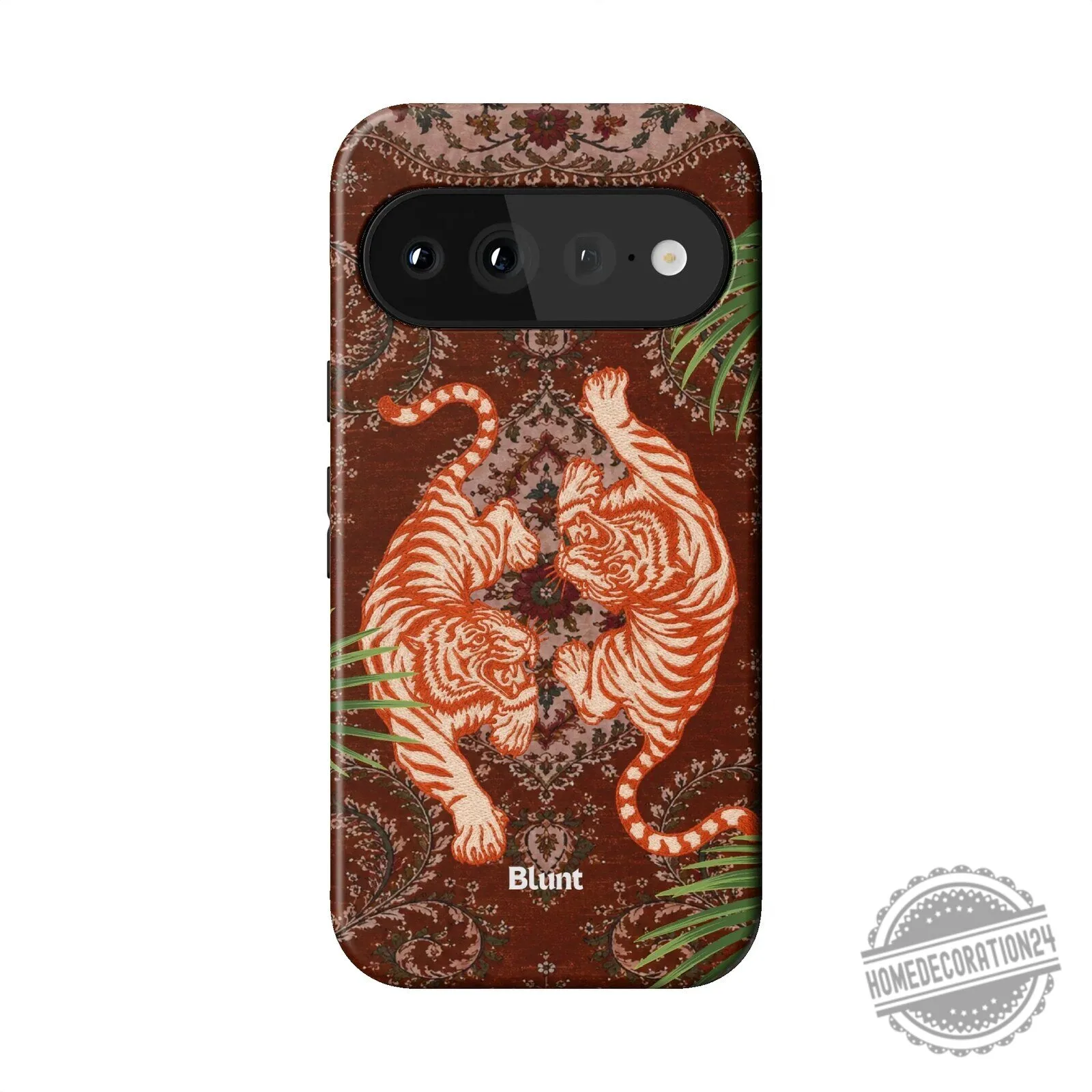 Twin Prowl Pixel Phone Case with Tiger and Persian Rug Design