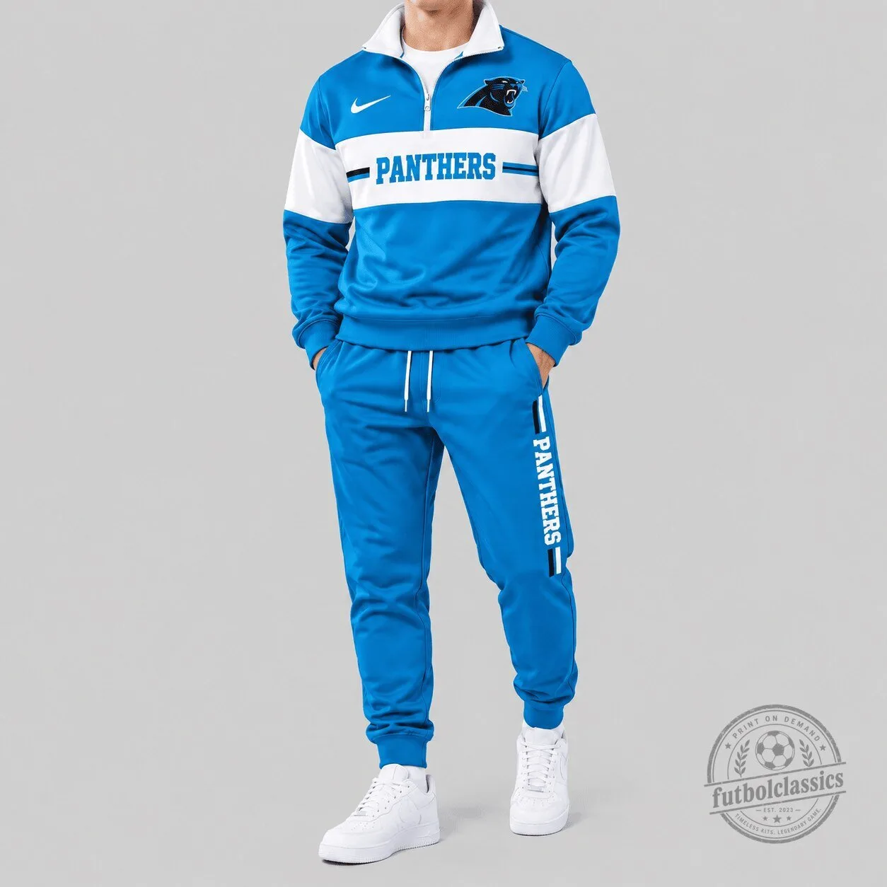 Carolina Panthers NFL Blue Chest Stripe Quarter Zip Tracksuit Set