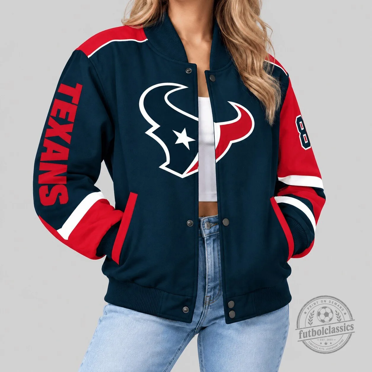 Houston Texans National Football League Oversized Logo Baseball Jacket 1 Houston Texans National Football League Oversized Logo Baseball Jacket