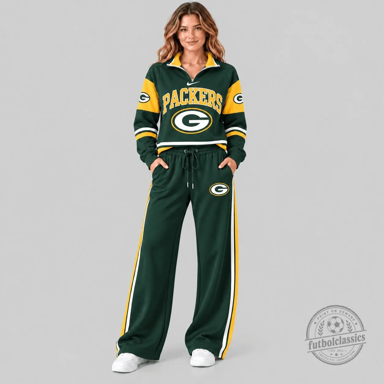 Green Bay Packers Quarter Zip Cropped Sweatshirt and Wide Leg Pants Set 1 Green Bay Packers Quarter Zip Cropped Sweatshirt and Wide Leg Pants Set