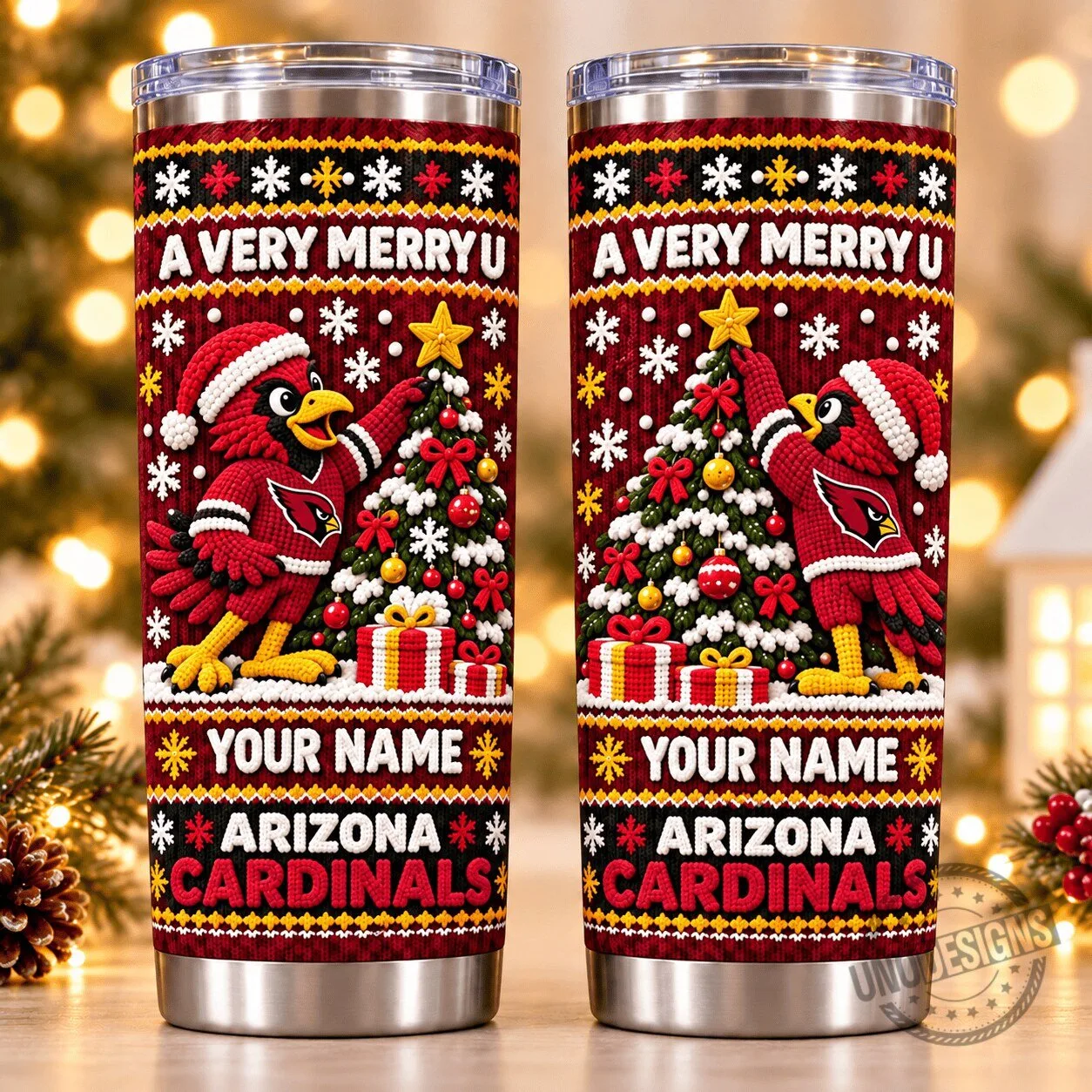 Arizona Cardinals Christmas Holiday Personalized Name Ugly Sweater Tumbler