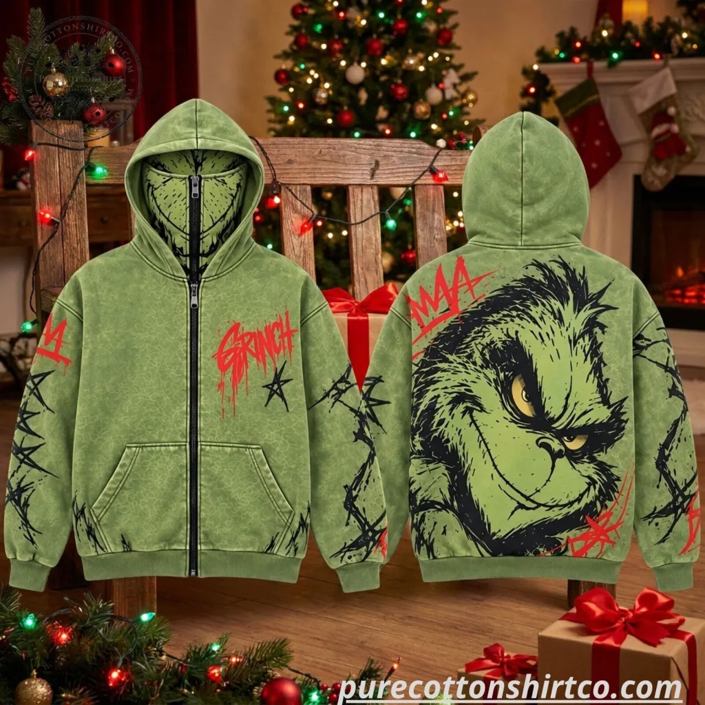 Grinch Christmas Full Zip Face Mask Hoodie - Graphic Gothic Christmas Hoodie Grinch Christmas Full Zip Face Mask Hoodie - Graphic Gothic Christmas Hoodie