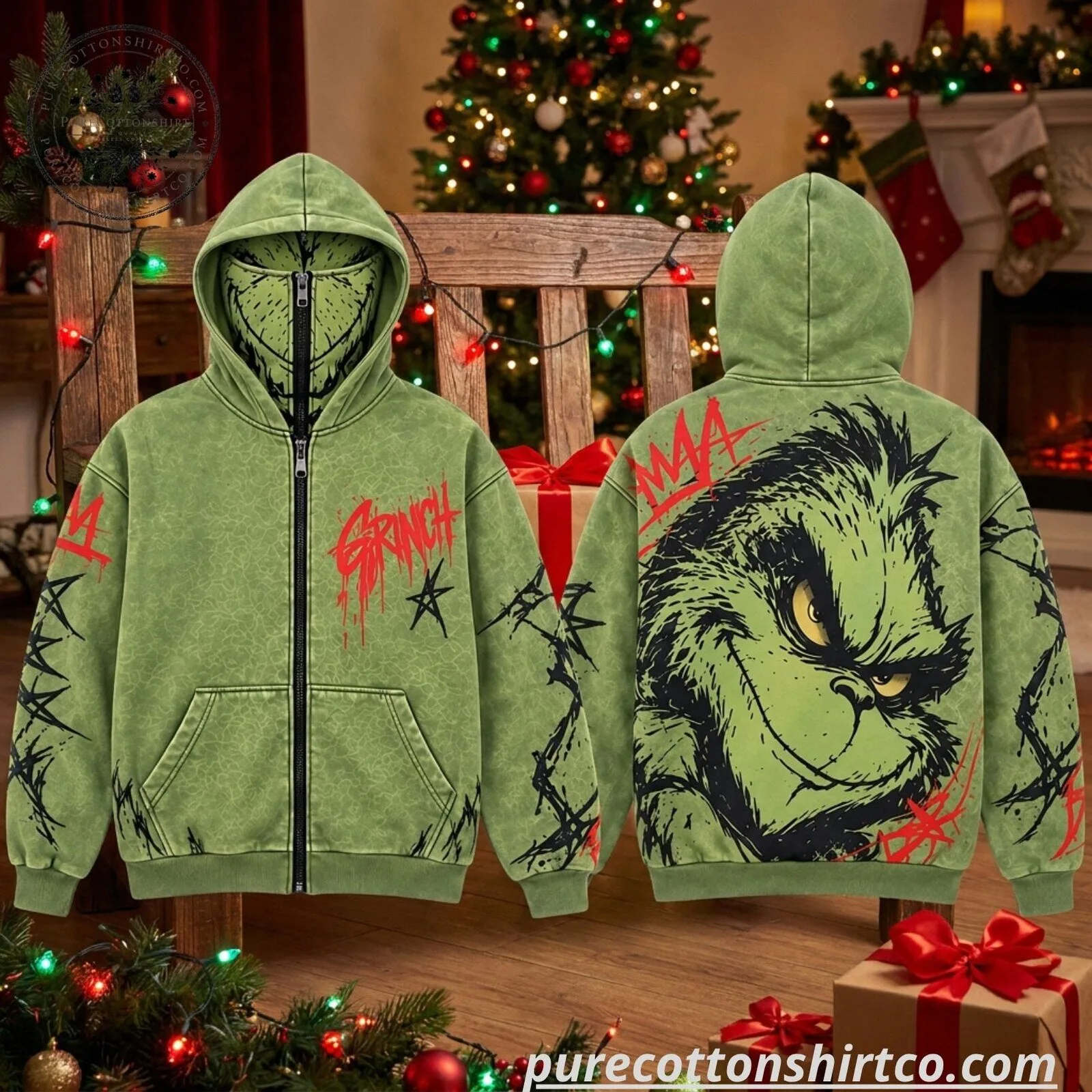 Grinch Christmas Full Zip Face Mask Hoodie - Graphic Gothic Christmas Hoodie 5 Grinch Christmas Full Zip Face Mask Hoodie - Graphic Gothic Christmas Hoodie
