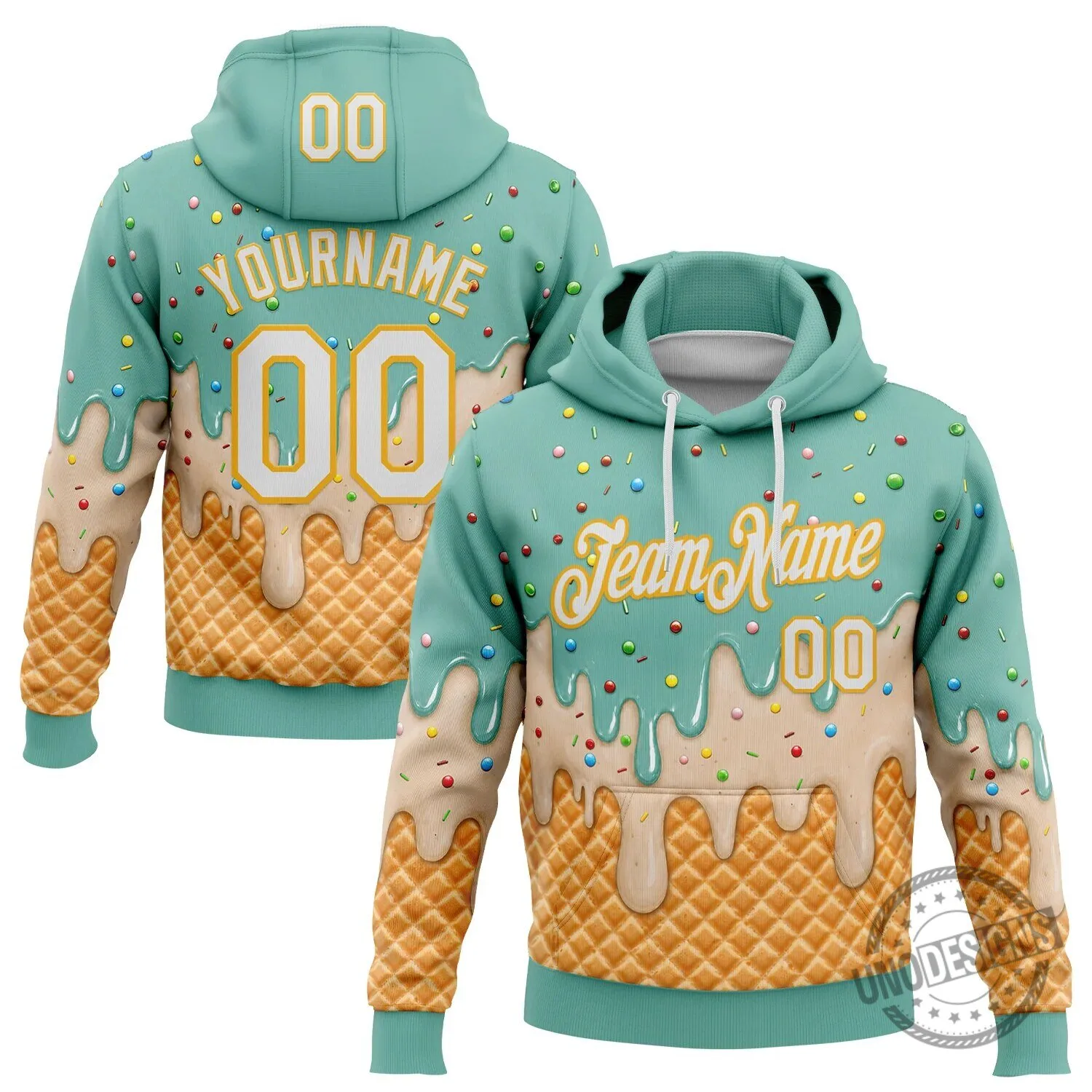Ice Cream Waffle Cone Drip Pattern Custom Name Number Pullover Hoodie
