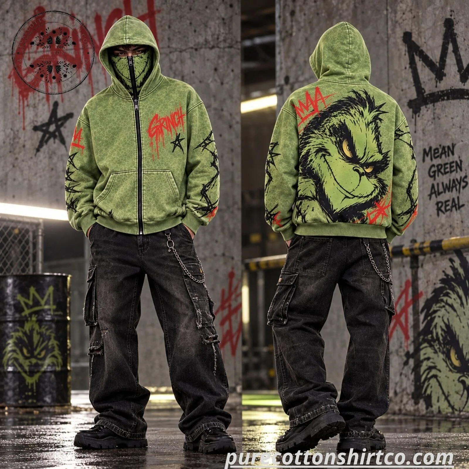 Grinch Christmas Full Zip Face Mask Hoodie - Graphic Gothic Christmas Hoodie 6 Grinch Christmas Full Zip Face Mask Hoodie - Graphic Gothic Christmas Hoodie