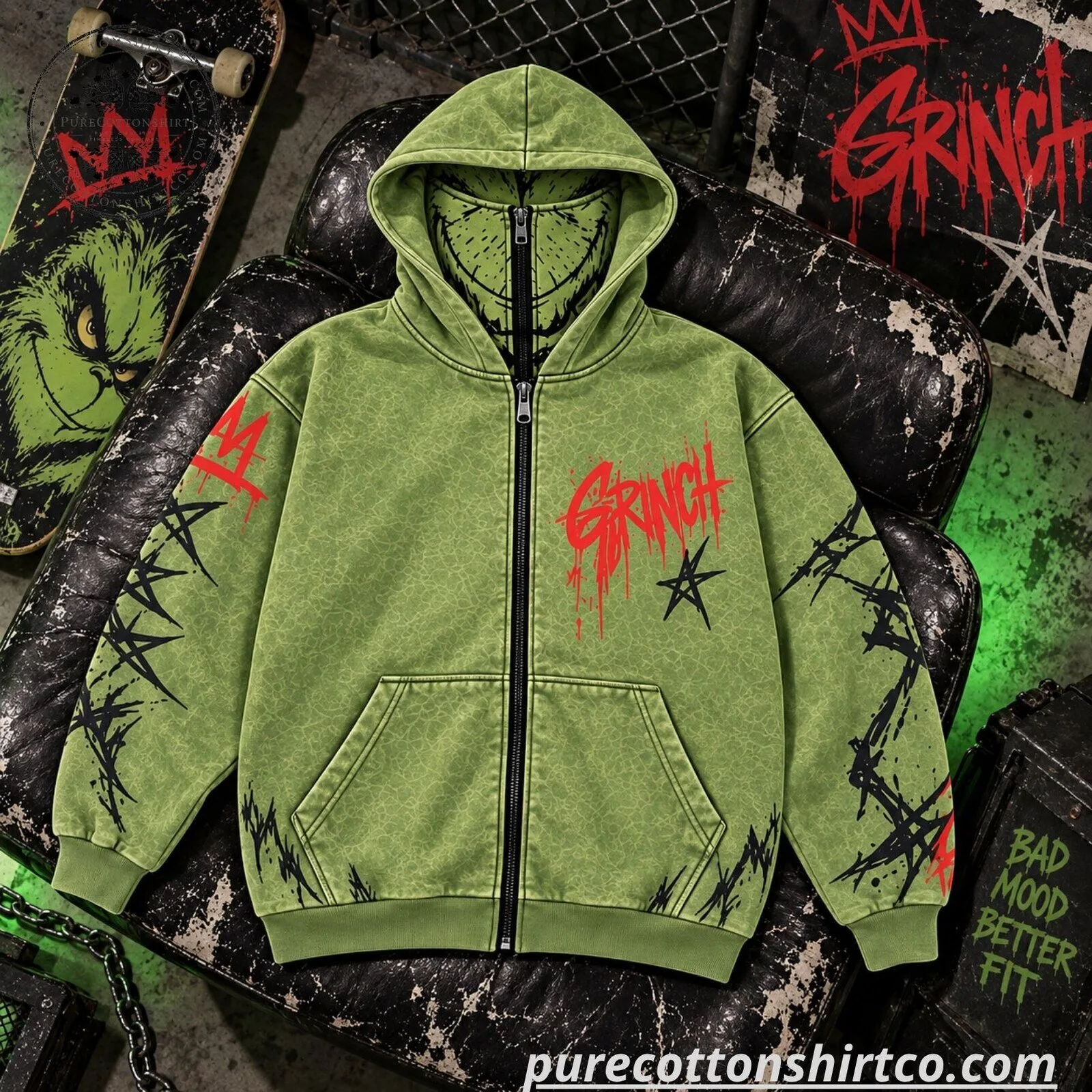 Grinch Christmas Full Zip Face Mask Hoodie - Graphic Gothic Christmas Hoodie 7 Grinch Christmas Full Zip Face Mask Hoodie - Graphic Gothic Christmas Hoodie