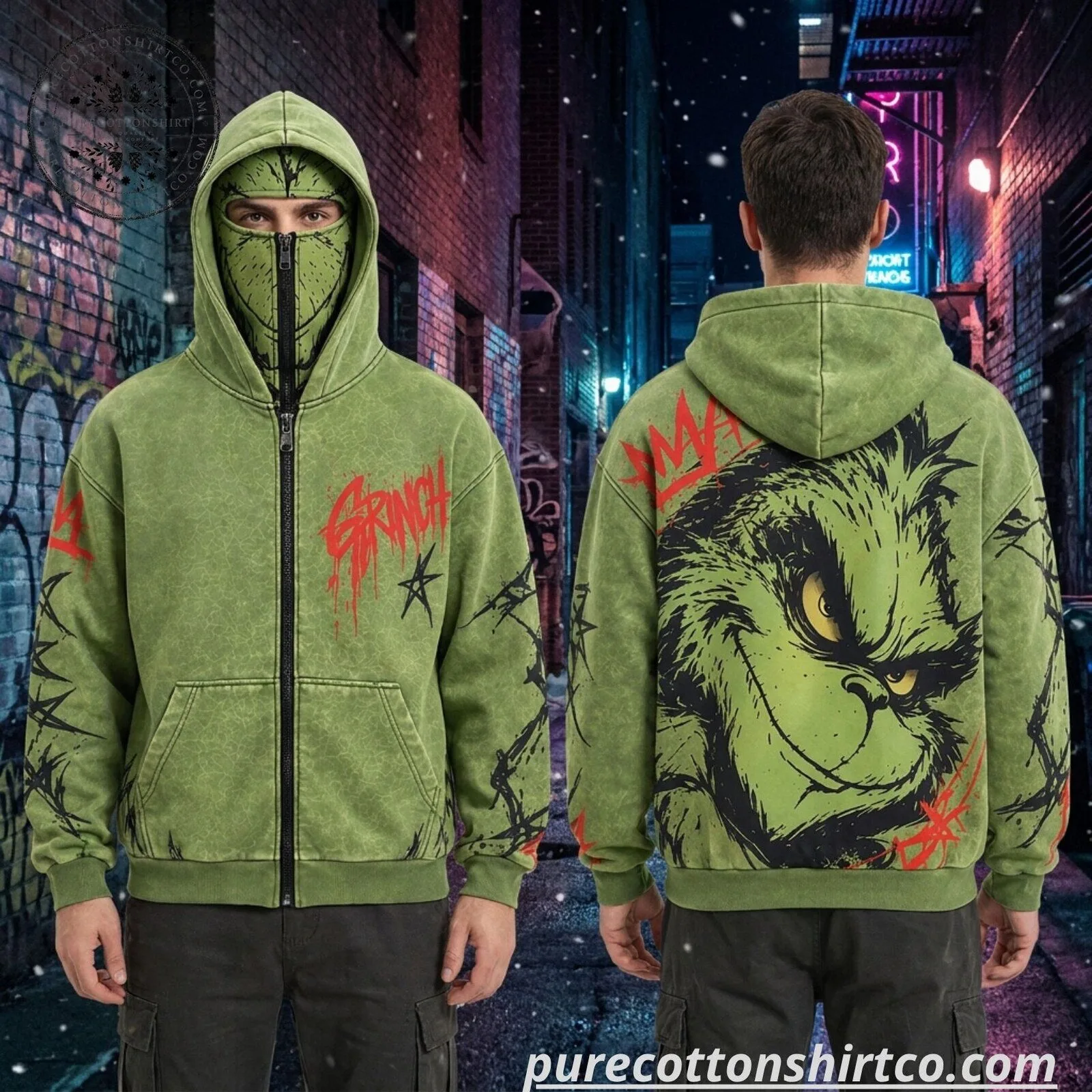 Grinch Christmas Full Zip Face Mask Hoodie - Graphic Gothic Christmas Hoodie 8 Grinch Christmas Full Zip Face Mask Hoodie - Graphic Gothic Christmas Hoodie