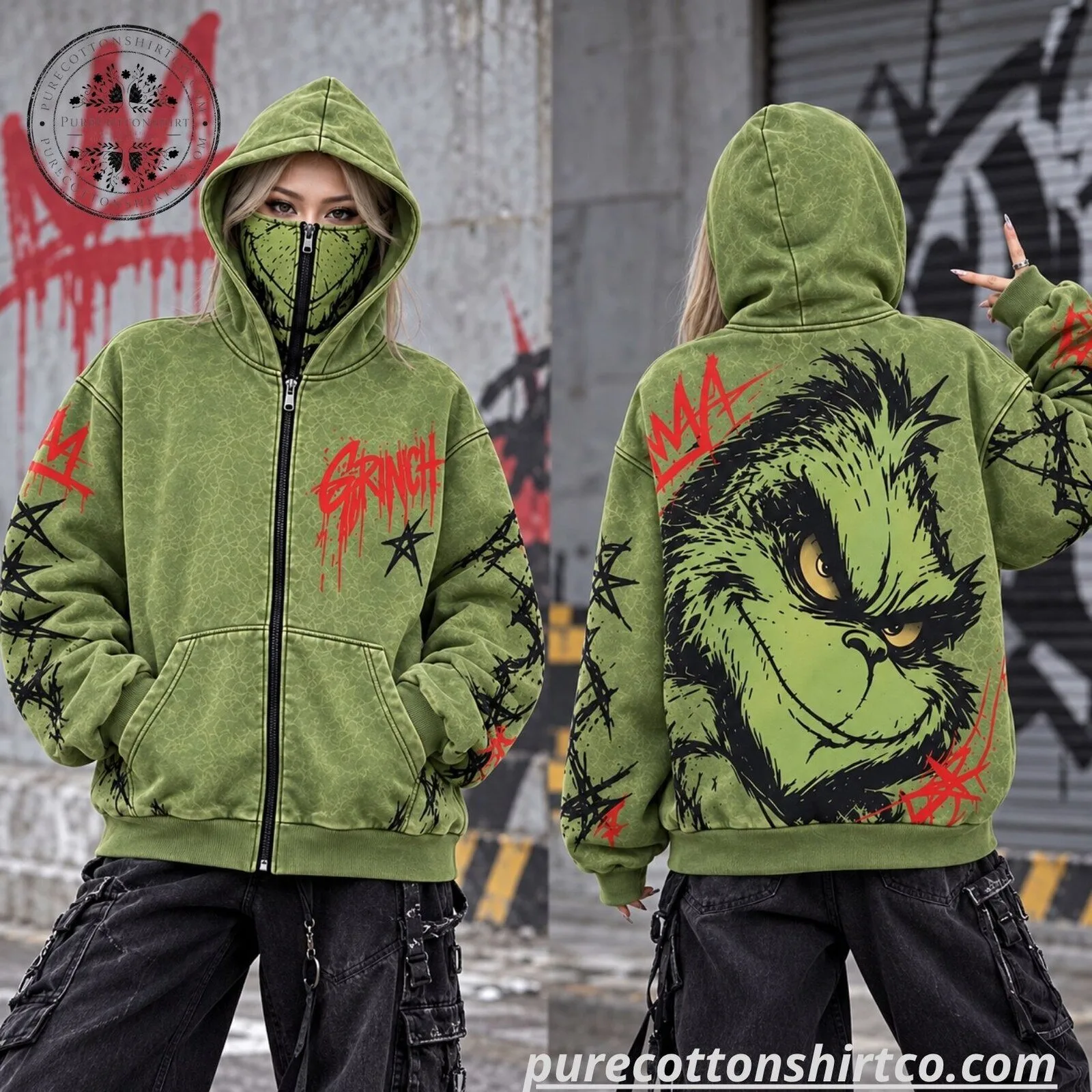 Grinch Christmas Full Zip Face Mask Hoodie - Graphic Gothic Christmas Hoodie 9 Grinch Christmas Full Zip Face Mask Hoodie - Graphic Gothic Christmas Hoodie