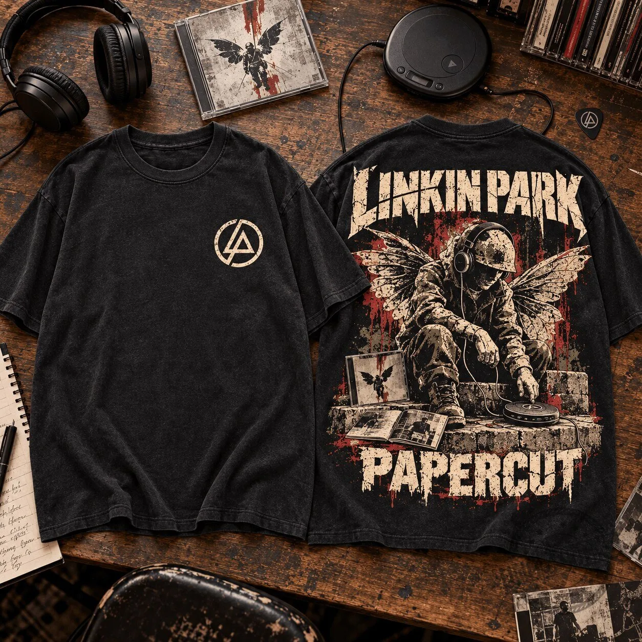 Linkin Park Papercut Winged Soldier Graphic Design Black T-Shirt