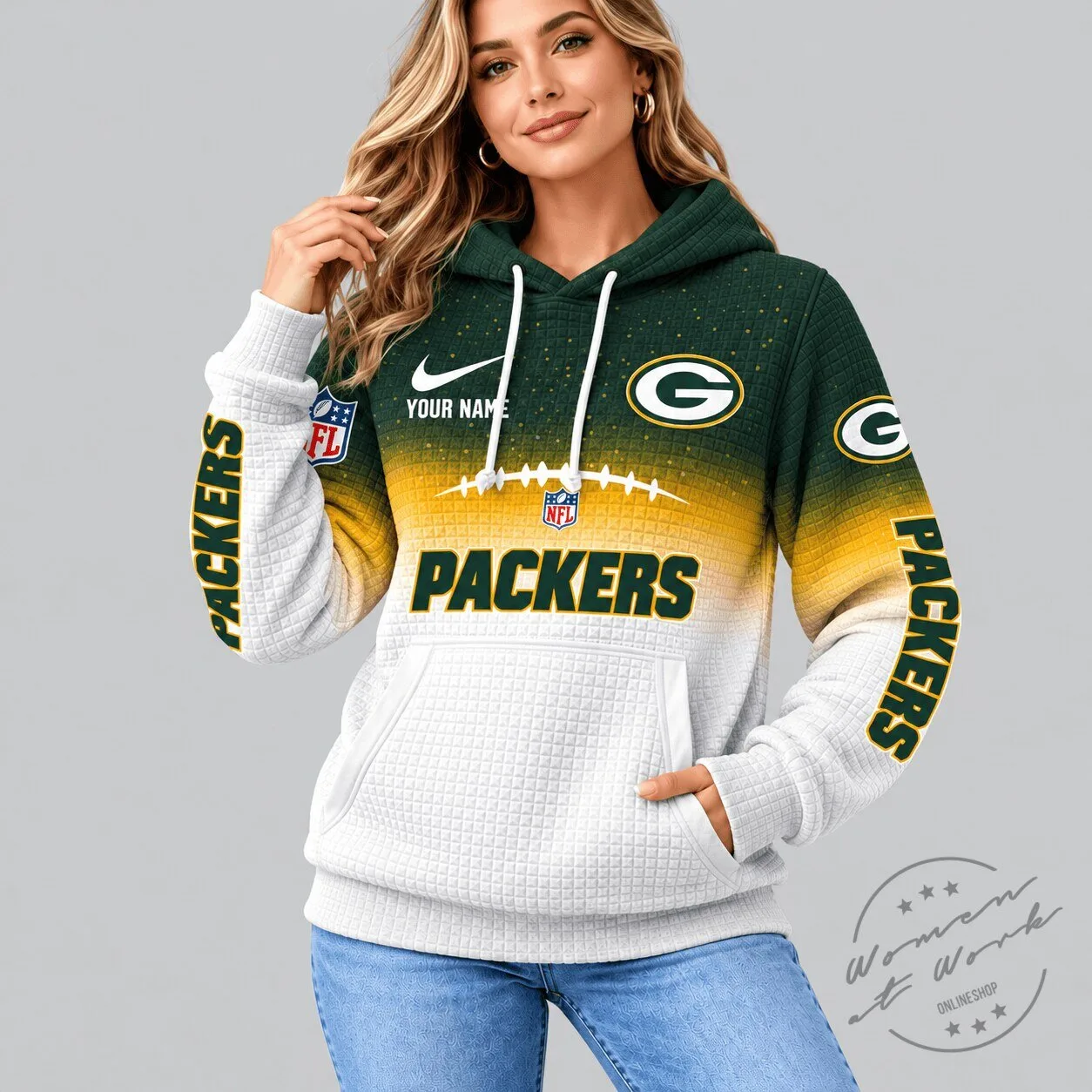 Green Bay Packers NFL Gradient Football Waffle Style Hoodie for Women