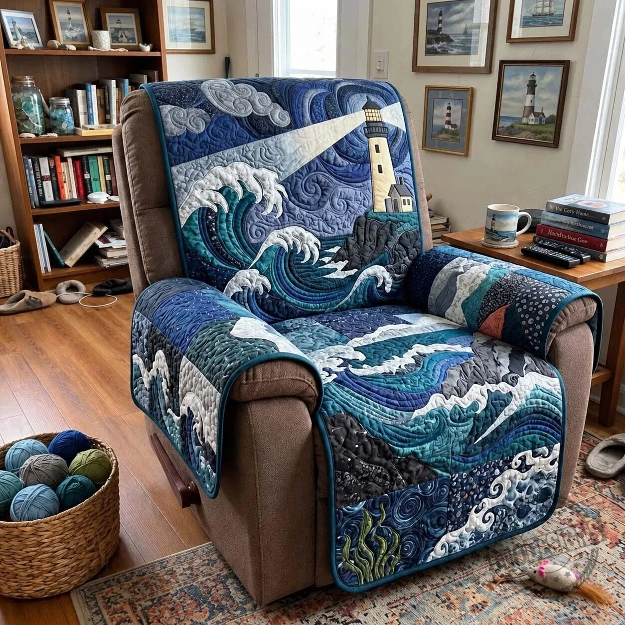 Stormy Beacon Lighthouse Ocean Waves Quilted Recliner Cover