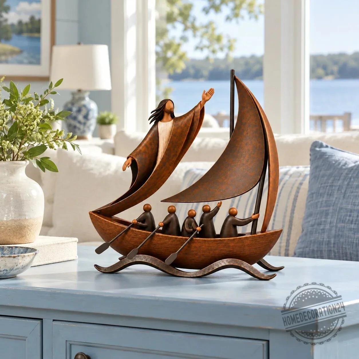 Jesus Calms The Storm Religious Boat Sculpture, Christian Home Decor Figurine