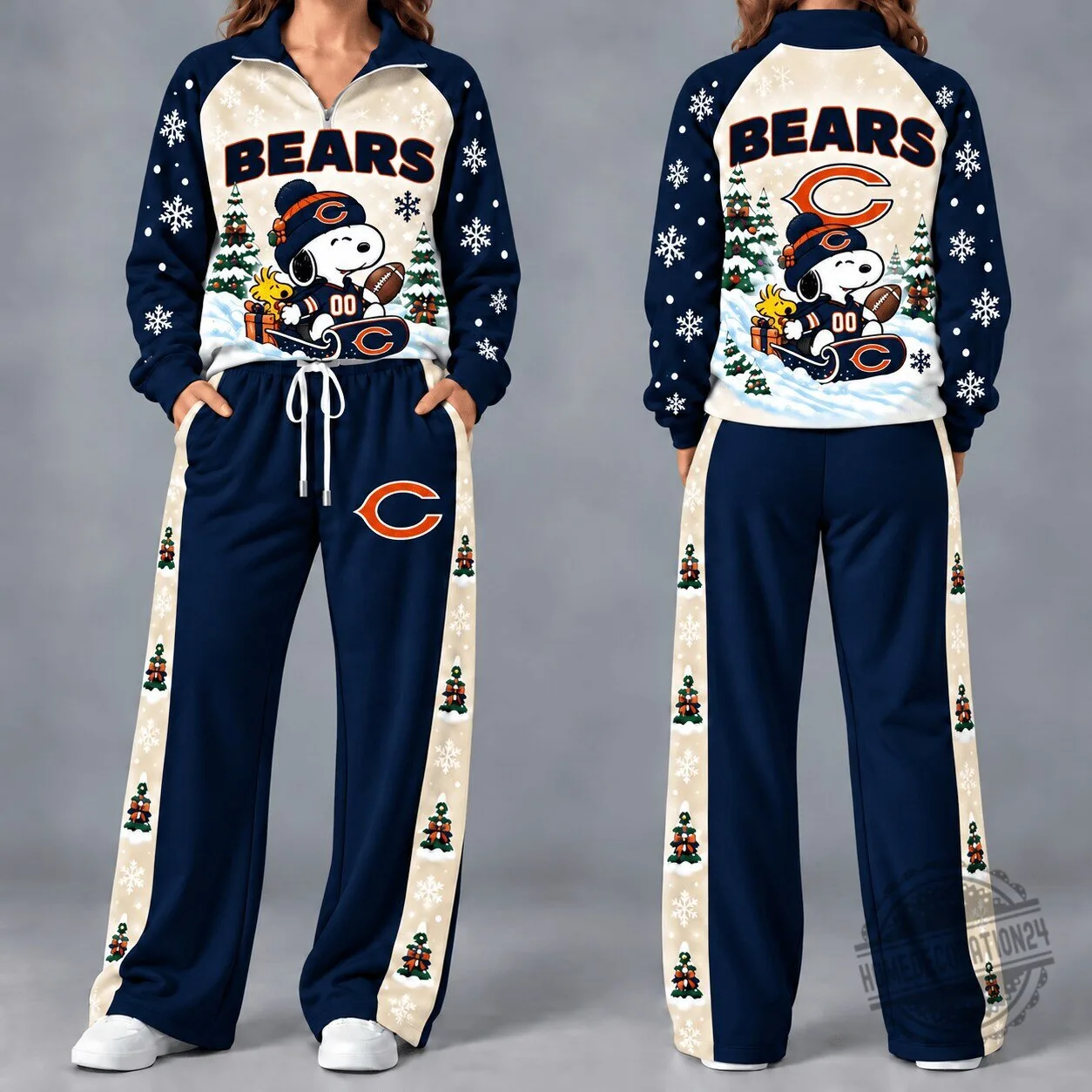 Chicago Bears Snoopy Christmas Quarter-Zip Sweatshirt and Pants Set