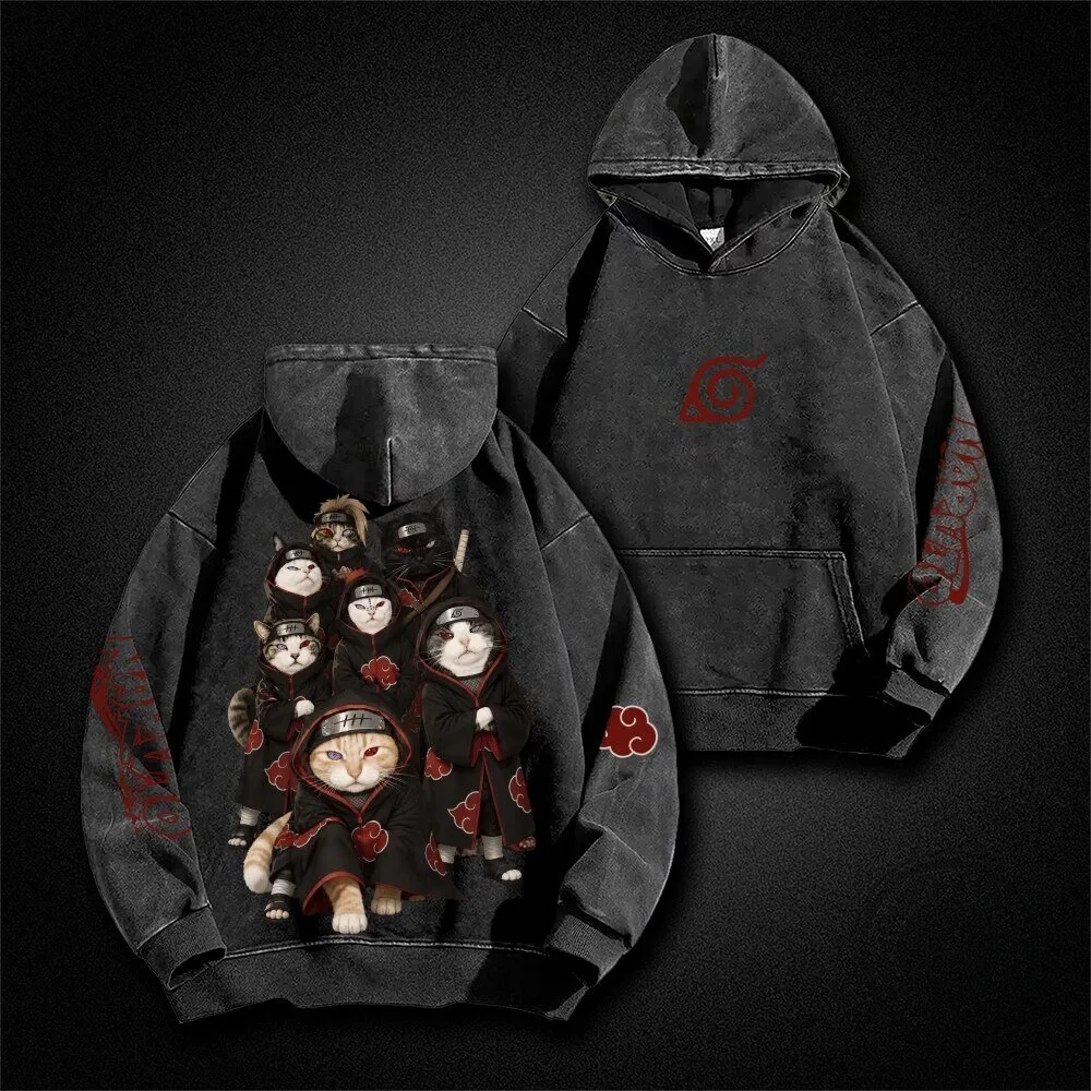 Naruto Akatsuki Cats Washed Finish Graphic Print Pullover Hoodie 1 Naruto Akatsuki Cats Washed Finish Graphic Print Pullover Hoodie