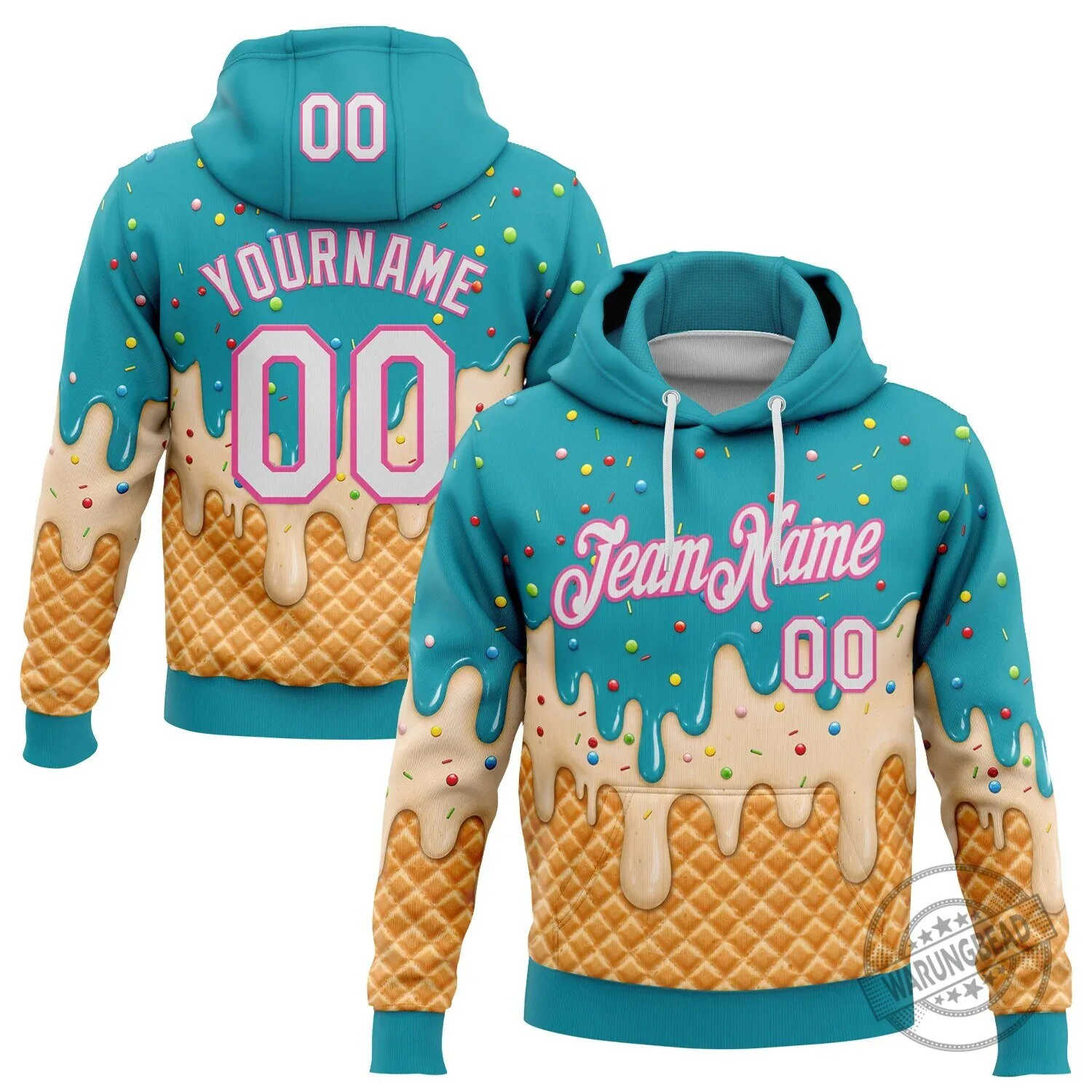 Custom Ice Cream Waffle Foodie Dessert Aqua Blue Pullover Hoodie