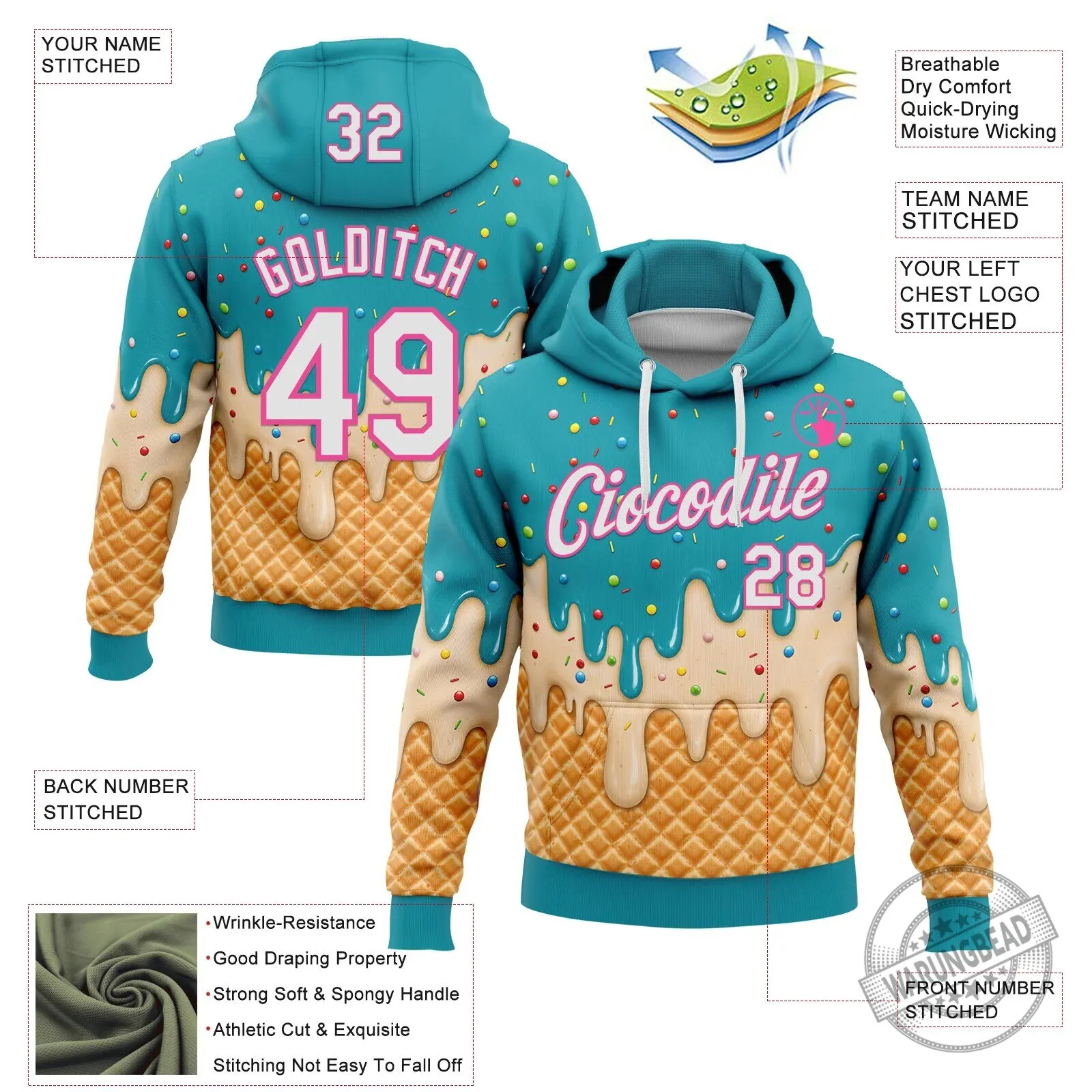 Custom Ice Cream Waffle Foodie Dessert Aqua Blue Pullover Hoodie 9 Custom Ice Cream Waffle Foodie Dessert Aqua Blue Pullover Hoodie