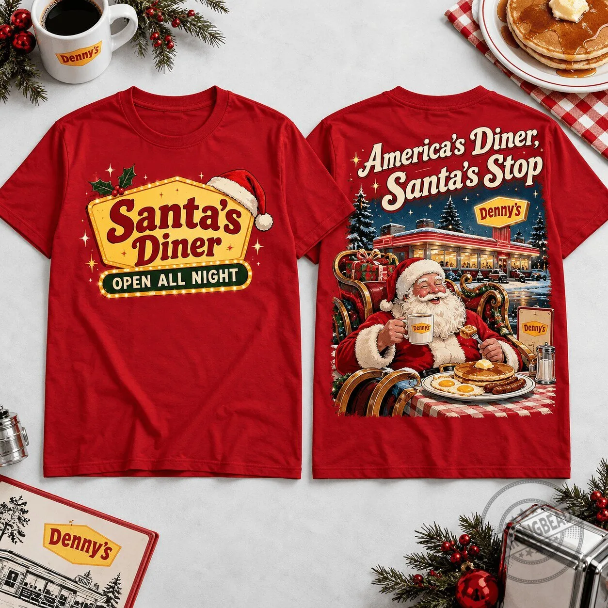 Denny's Santa Diner Christmas Grand Slam Breakfast Vintage Red T-Shirt