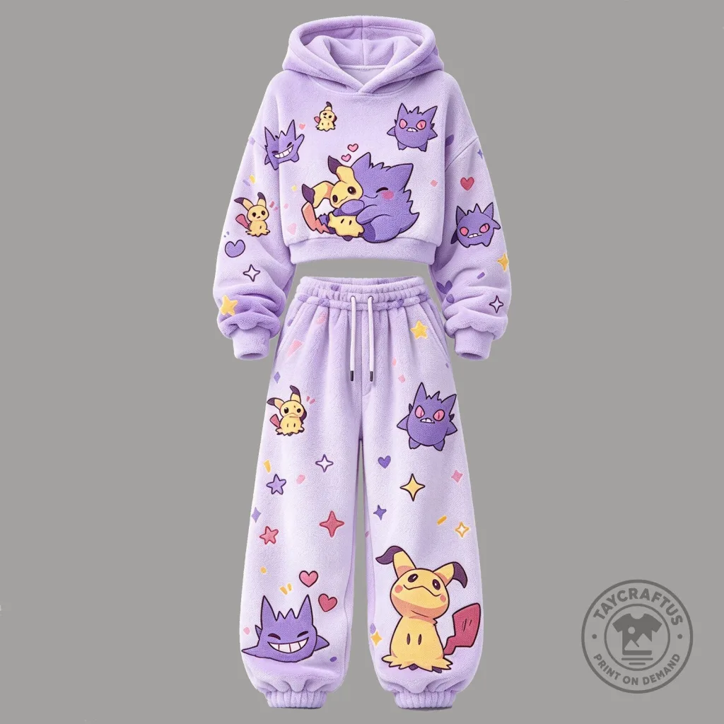 Pokemon Mimikyu Gengar Pikachu Purple Fleece Hoodie and Sweatpants Set Pokemon Mimikyu Gengar Pikachu Purple Fleece Hoodie and Sweatpants Set