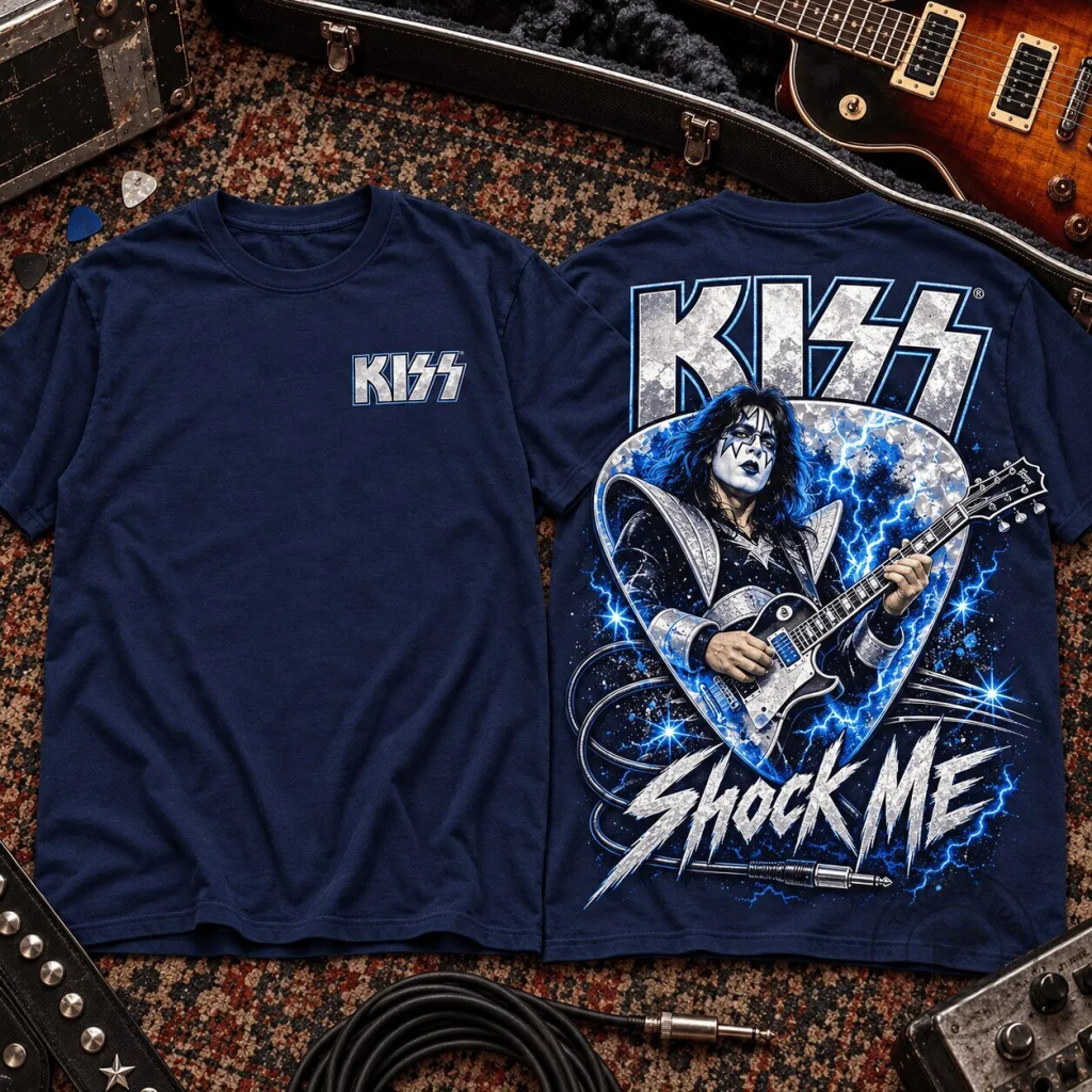 Kiss Ace Frehley Shock Me Electric Blue Rock Band Graphic T-Shirt Kiss Ace Frehley Shock Me Electric Blue Rock Band Graphic T-Shirt
