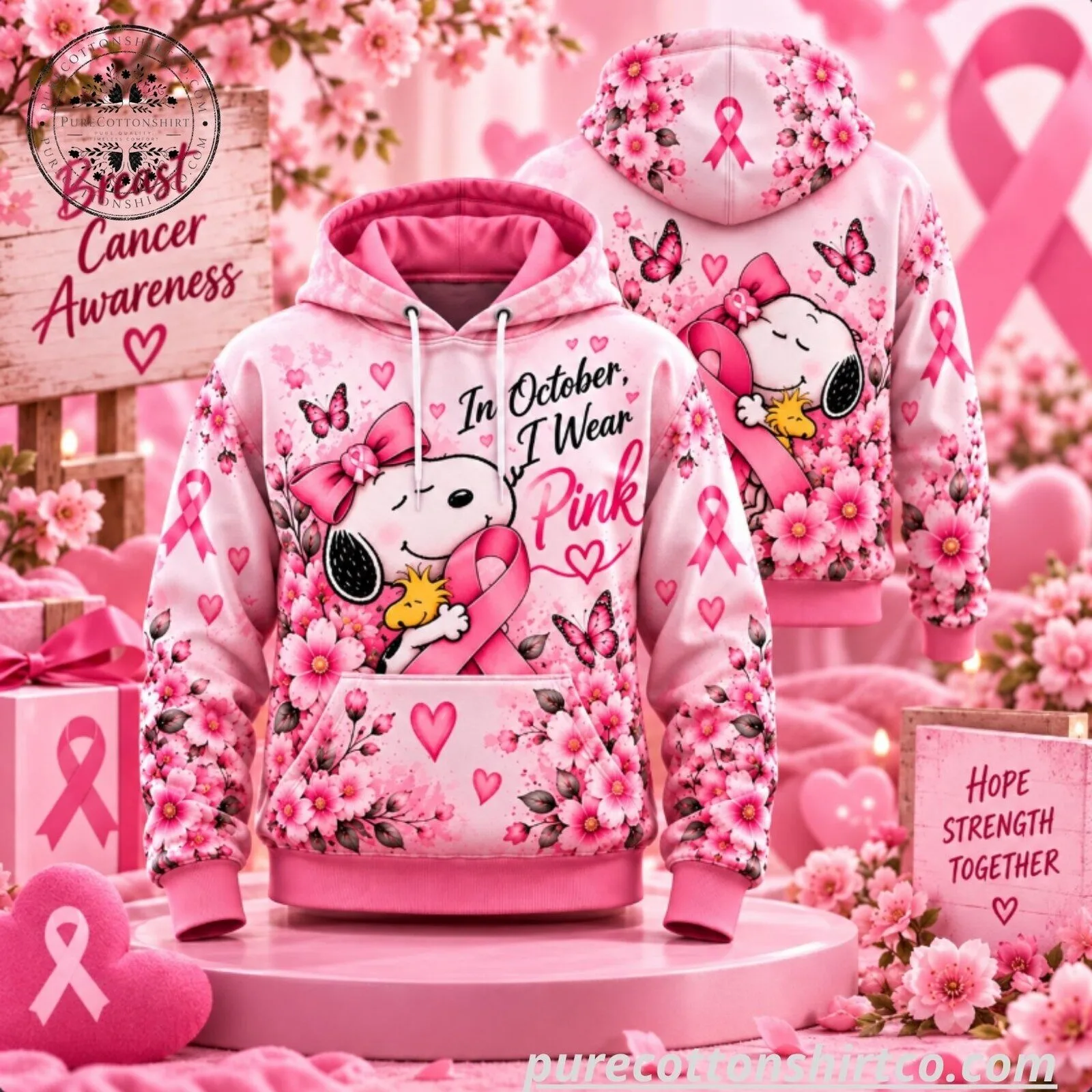 Snoopy Breast Cancer Awareness Hoodie - In October I Wear Pink 3D All Over Print Hoodie