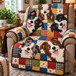 Border Collie Patchwork Quilted Recliner Chair Cover with Dog Faces