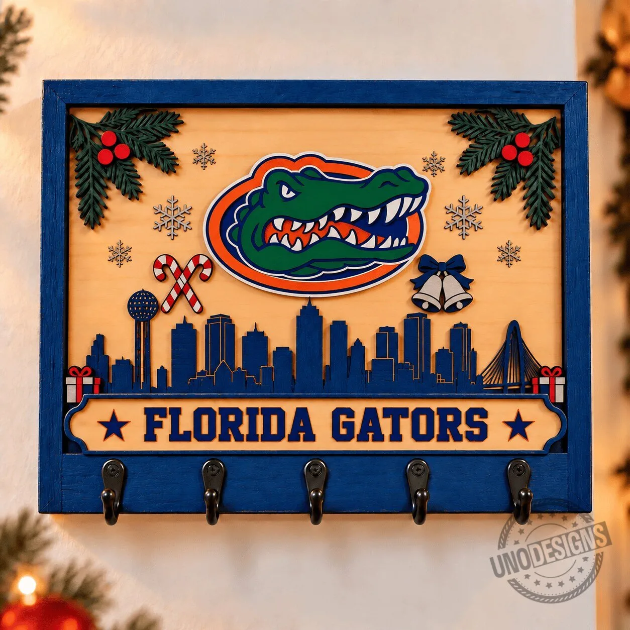 Florida Gators Christmas Wooden Key Rack with Skyline and Holiday Decor