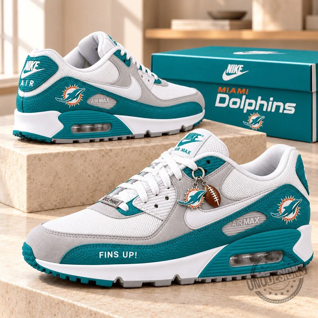 Miami Dolphins NFL Team Logo Teal and White Athletic Sneakers Shoes