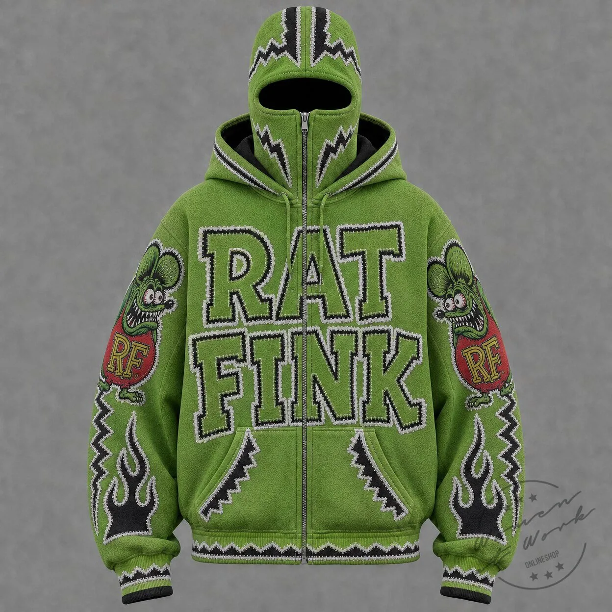Rat Fink Green Full-Zip Hoodie with Mask and Graphic Appliqué