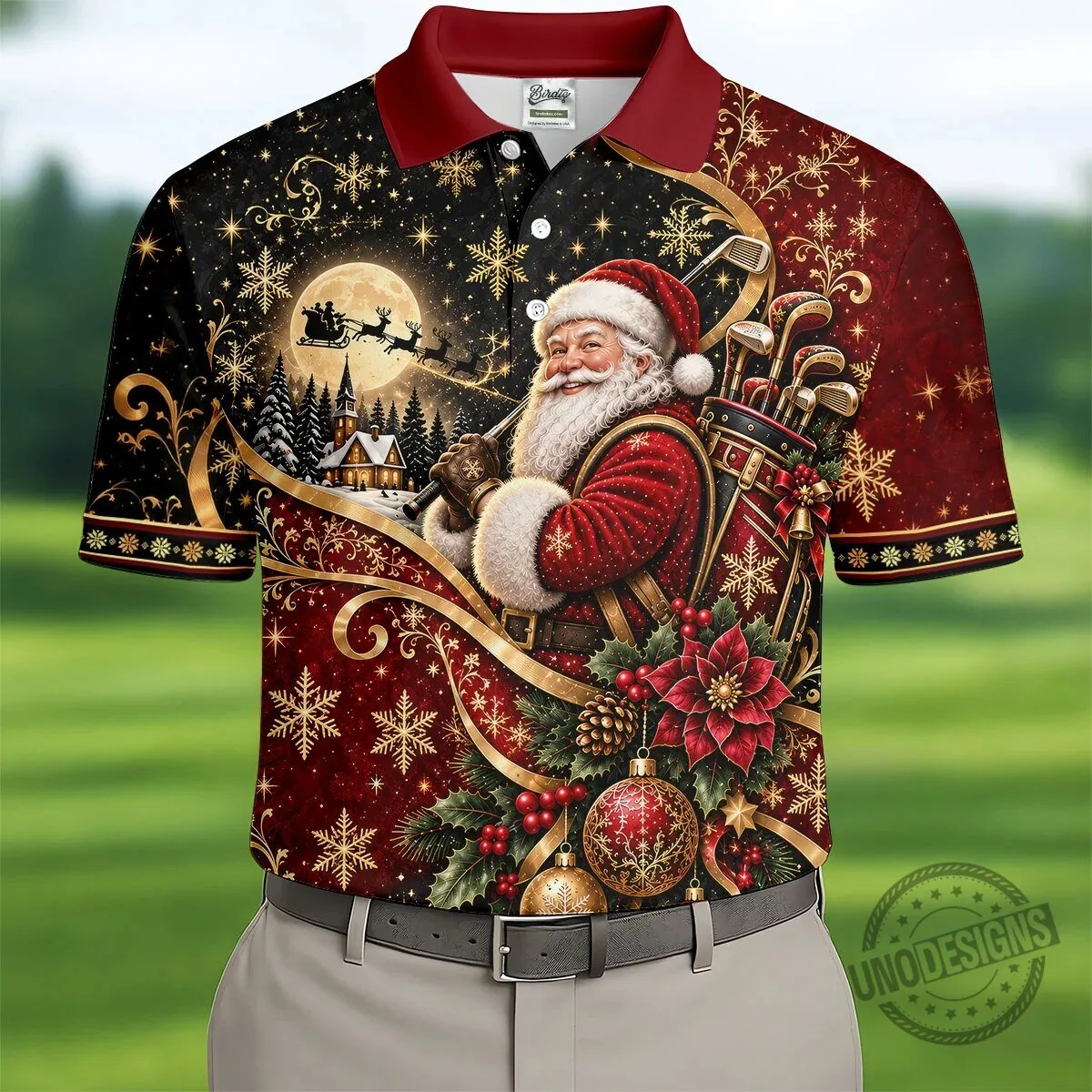 Christmas Santa Golfer Golden Swirl Holiday Polo Shirt for Men