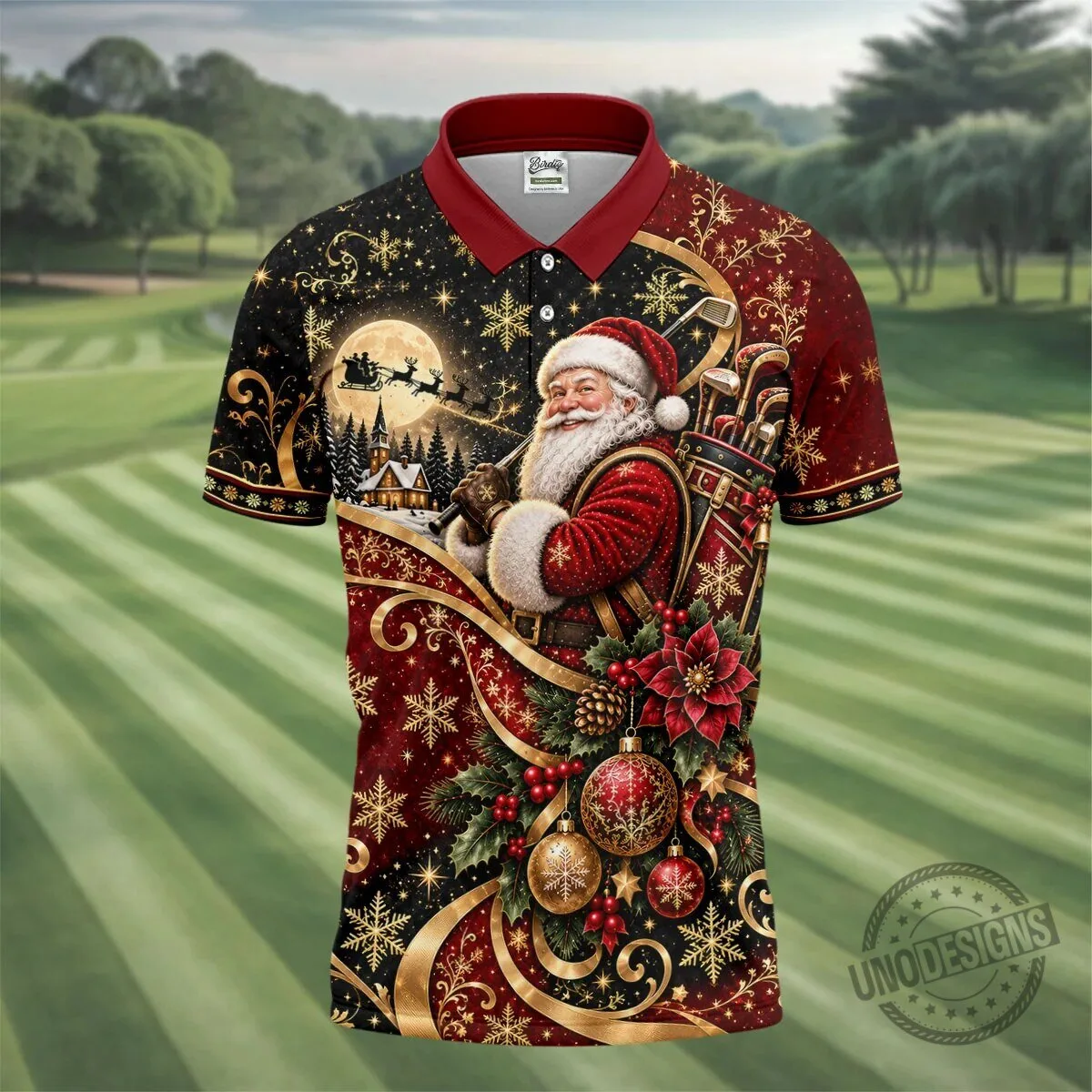 Christmas Santa Golfer Golden Swirl Holiday Polo Shirt for Men 14 Christmas Santa Golfer Golden Swirl Holiday Polo Shirt for Men
