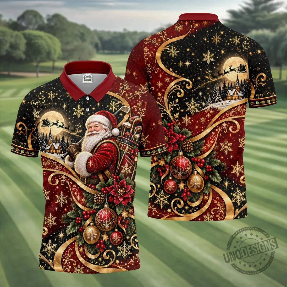 Christmas Santa Golfer Golden Swirl Holiday Polo Shirt for Men 15 Christmas Santa Golfer Golden Swirl Holiday Polo Shirt for Men