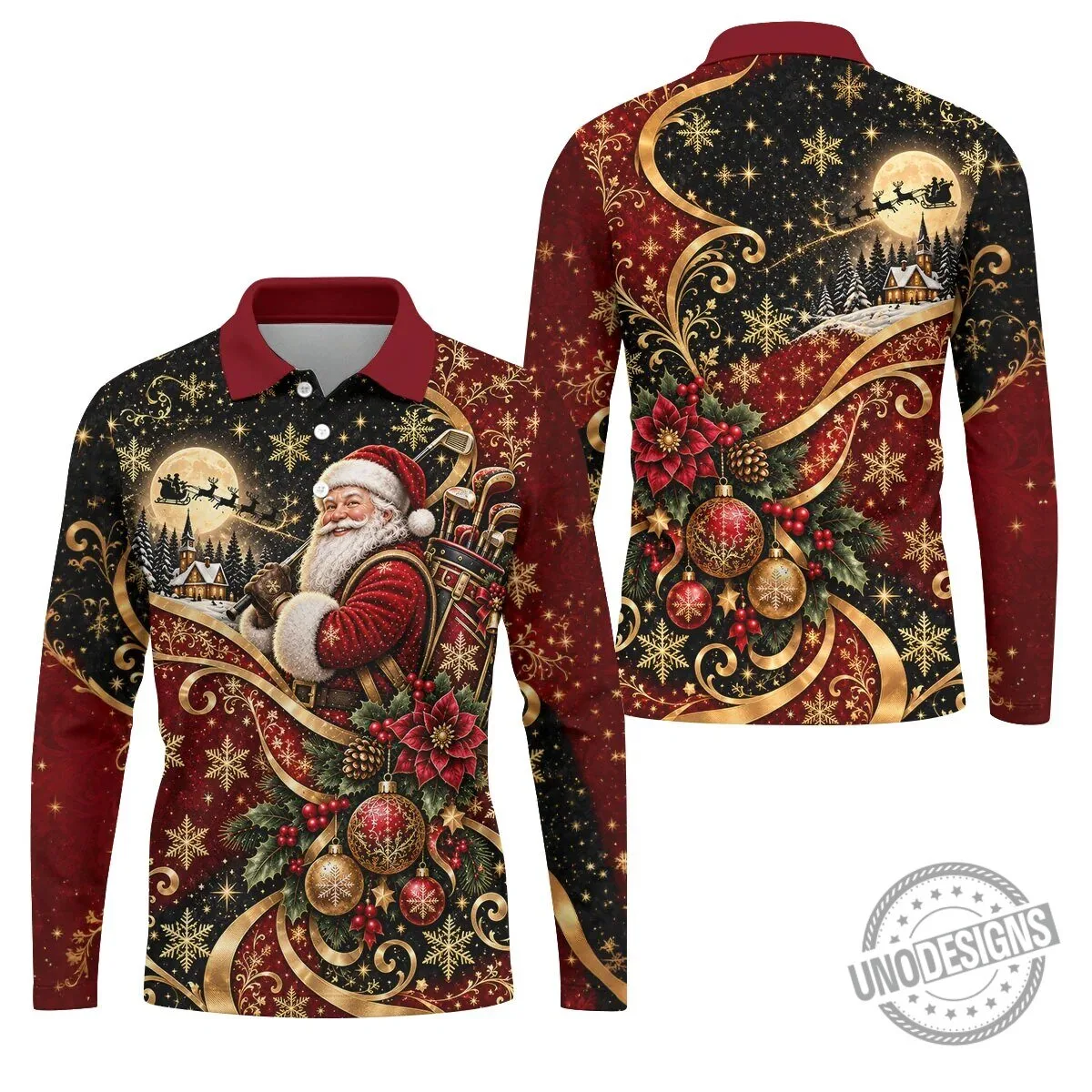 Christmas Santa Golfer Golden Swirl Holiday Polo Shirt for Men 22 Christmas Santa Golfer Golden Swirl Holiday Polo Shirt for Men