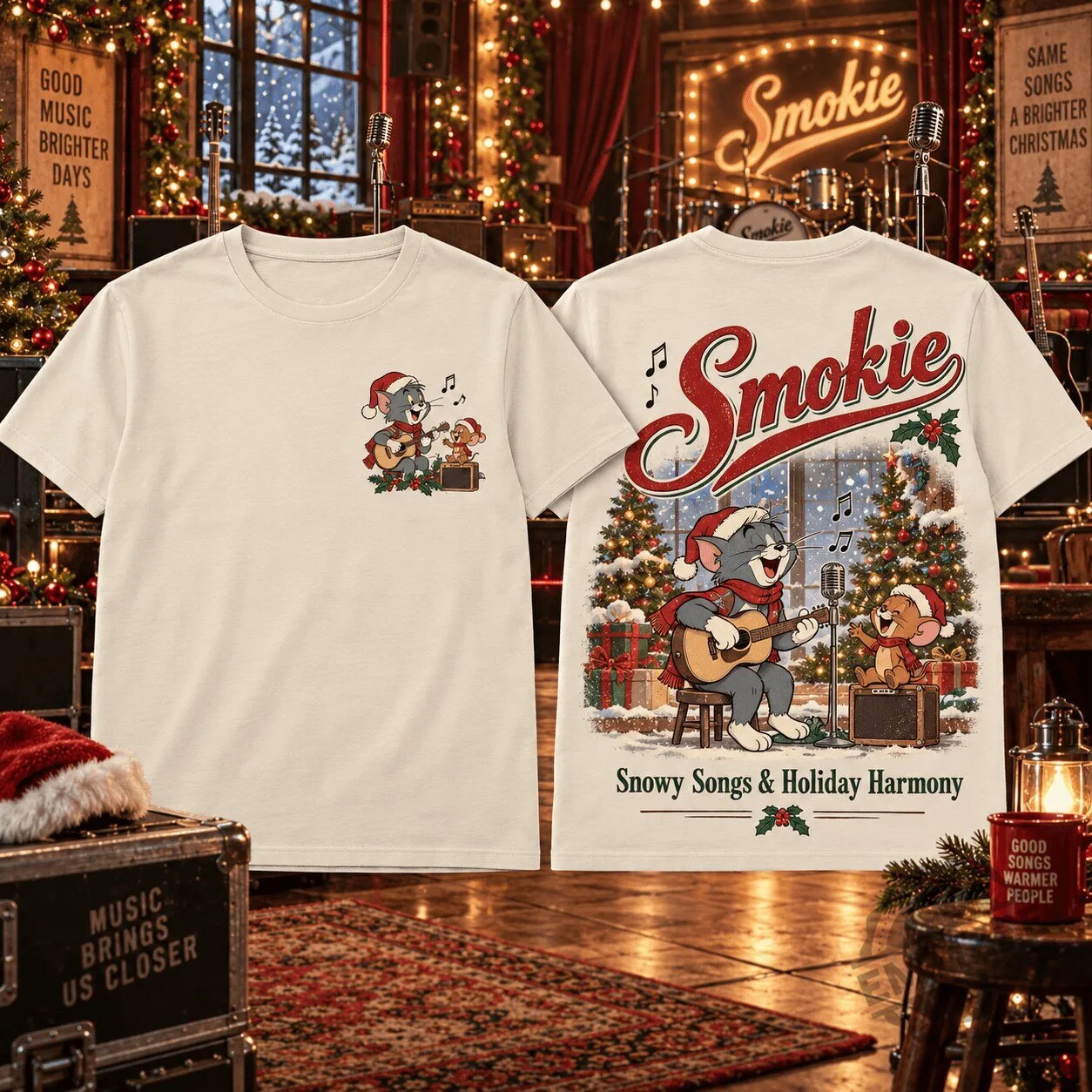 Smokie Tom and Jerry Snowy Songs Holiday Harmony Christmas T-Shirt