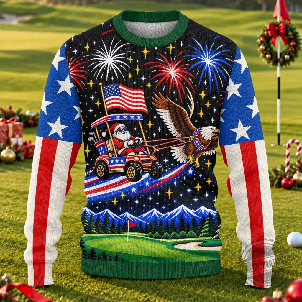 Patriotic Santa Golf Cart Ugly Christmas Sweater Patriotic Santa Golf Cart Ugly Christmas Sweater