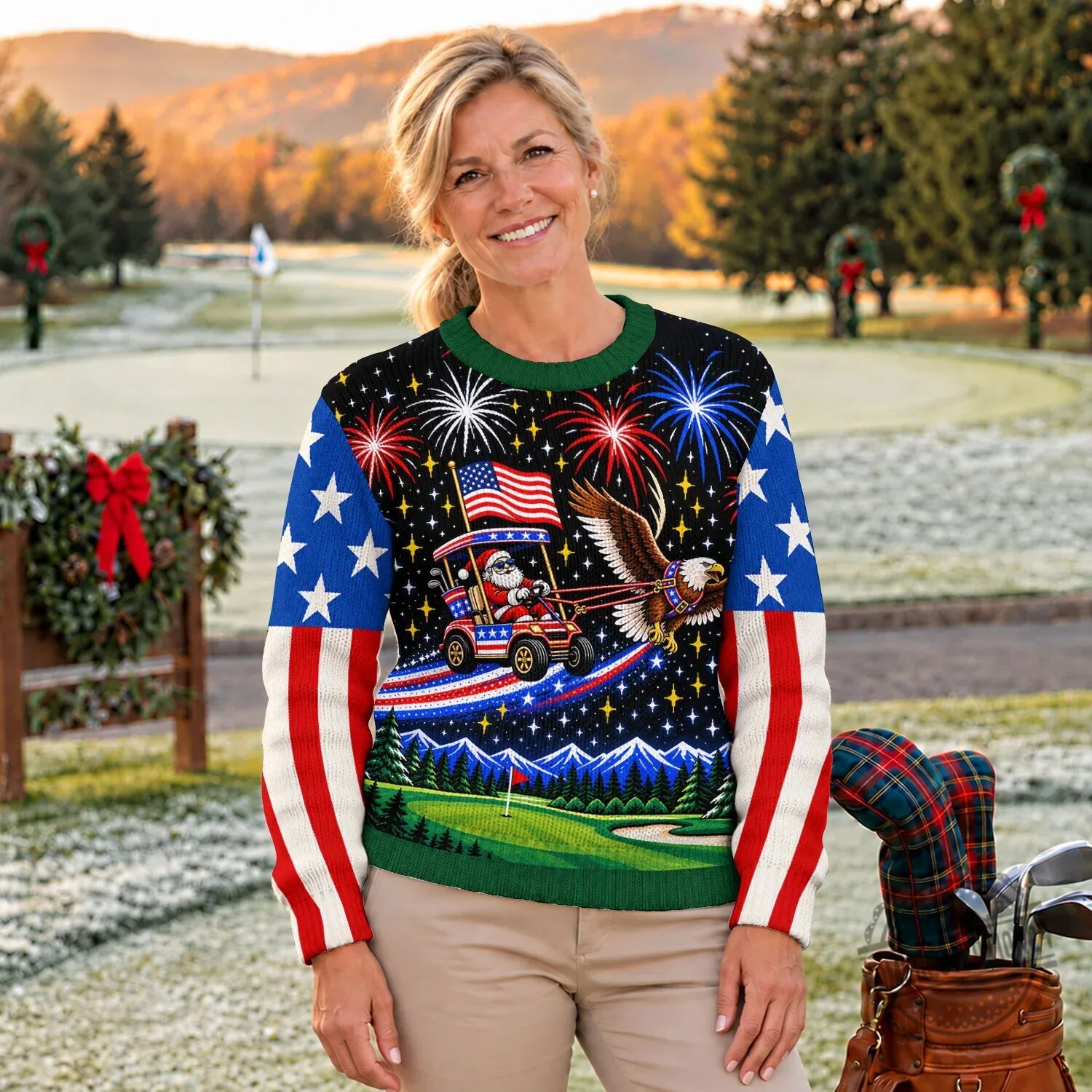 Patriotic Santa Golf Cart Ugly Christmas Sweater 6 Patriotic Santa Golf Cart Ugly Christmas Sweater