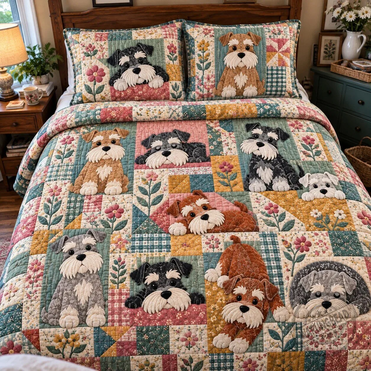 Schnauzer Dog Wildflowers Patchwork Quilted Bedding Set with Pillow Shams