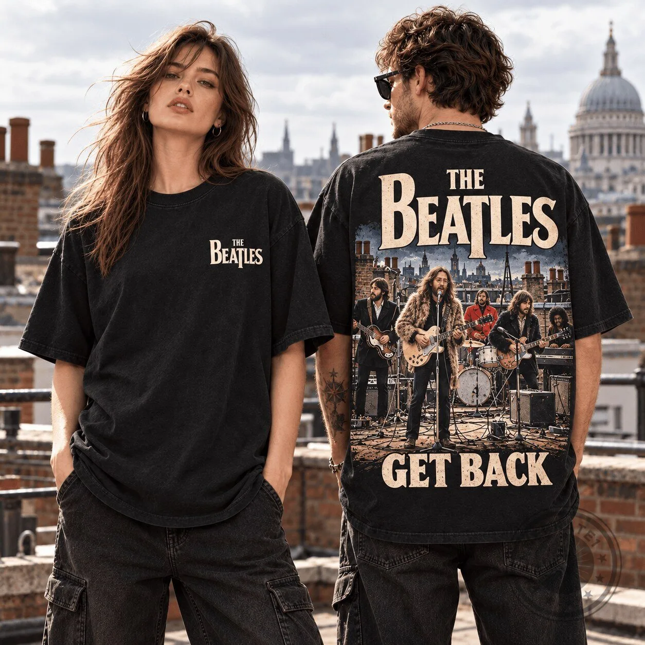 The Beatles Get Back Rooftop Concert Vintage Style Black Graphic T-Shirt