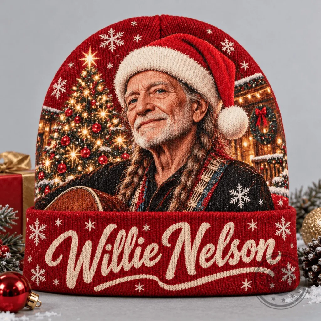 Willie Nelson Santa Portrait Christmas Tree Knit Beanie Cap Hat Willie Nelson Santa Portrait Christmas Tree Knit Beanie Cap Hat